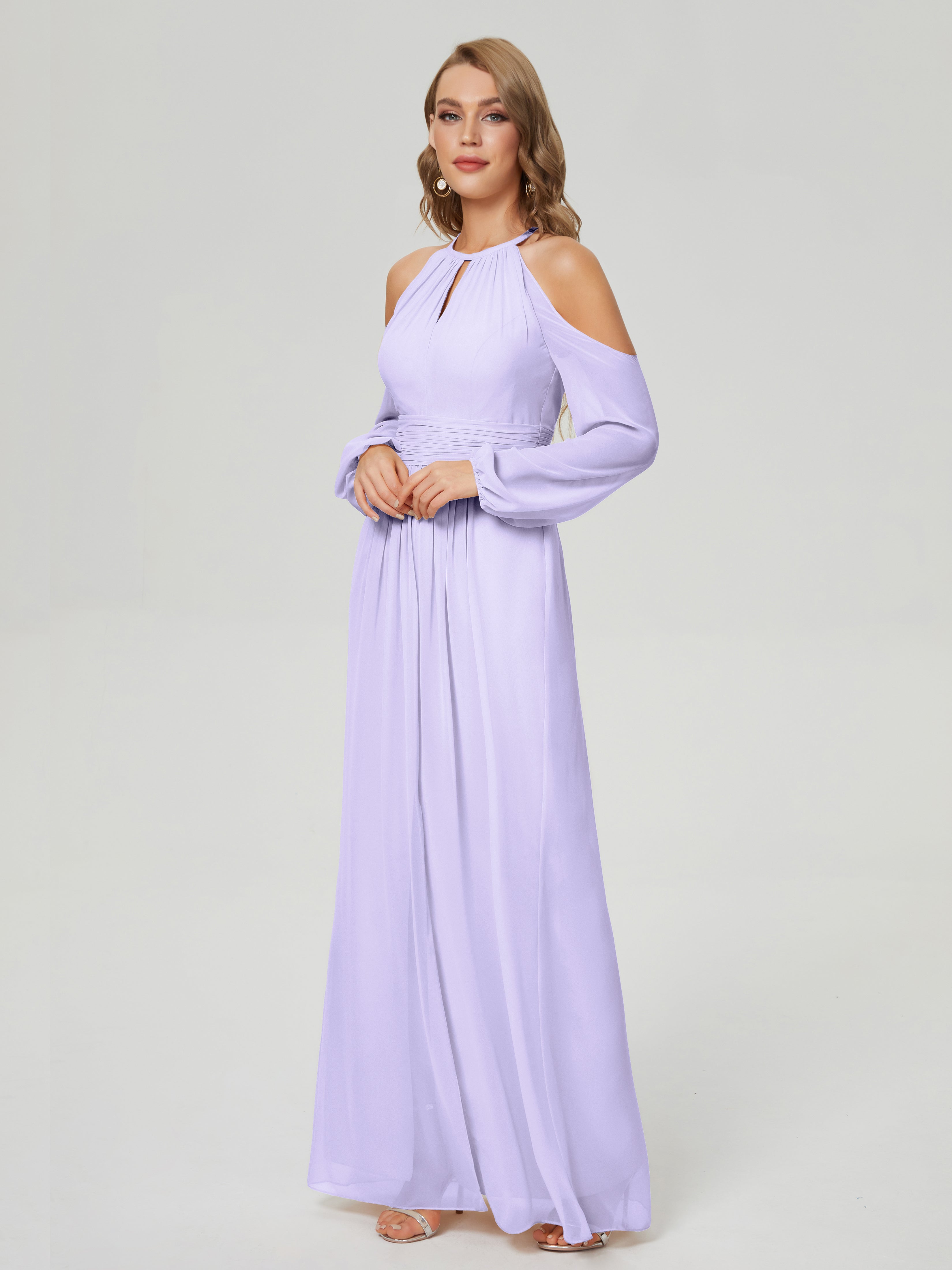 Robe Demoiselle D Honneur Couleur Lilas Manches Longues Licou Mousseline Robe De Demoiselle D'Honneur