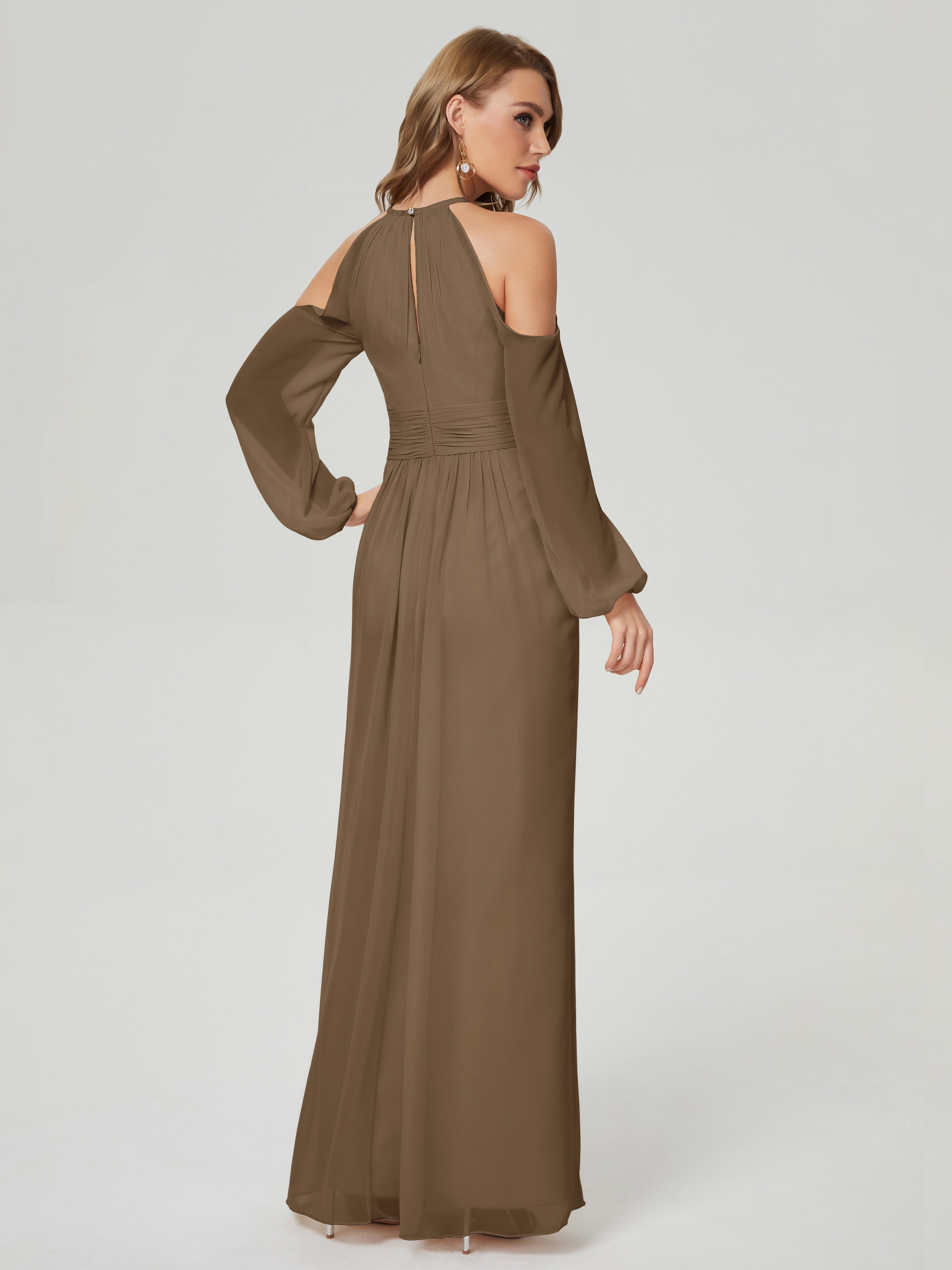 Robe De Demoiselle D'Honneur Moka Manches Longues Licou Mousseline Robe De Demoiselle D'Honneur