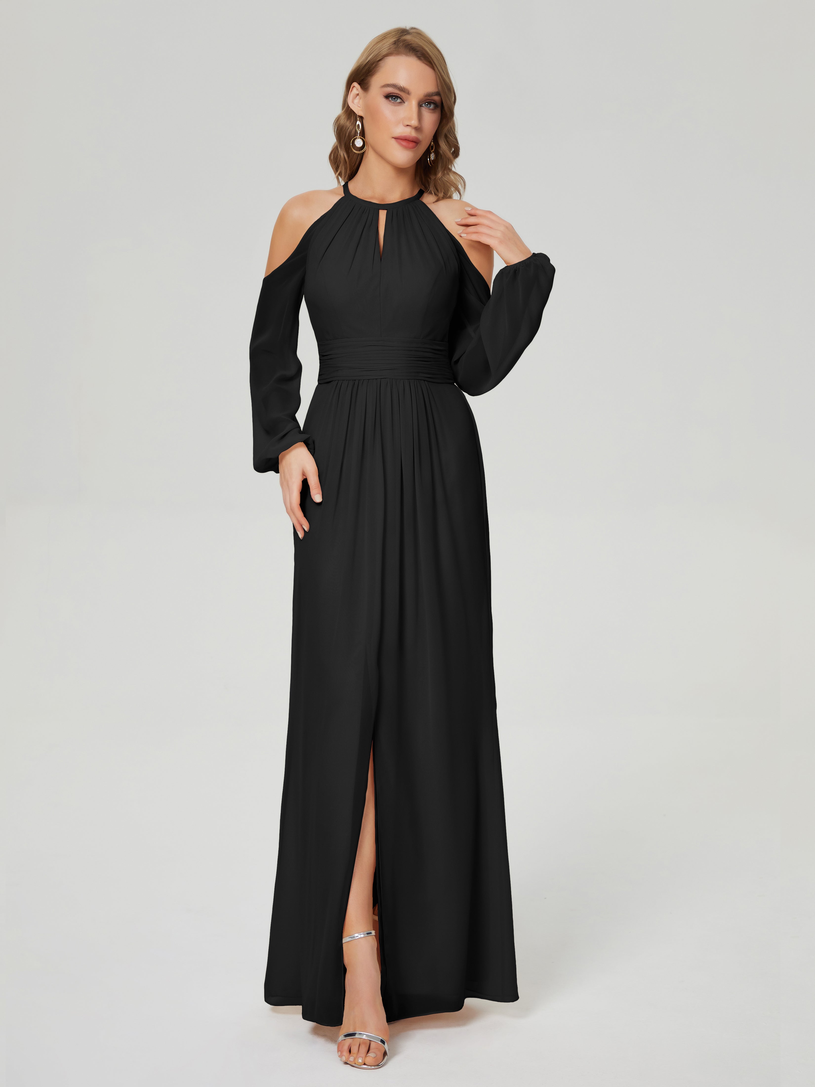 Demoiselle D Honneur Robe Noire Manches Longues Licou Mousseline Robe De Demoiselle D'Honneur