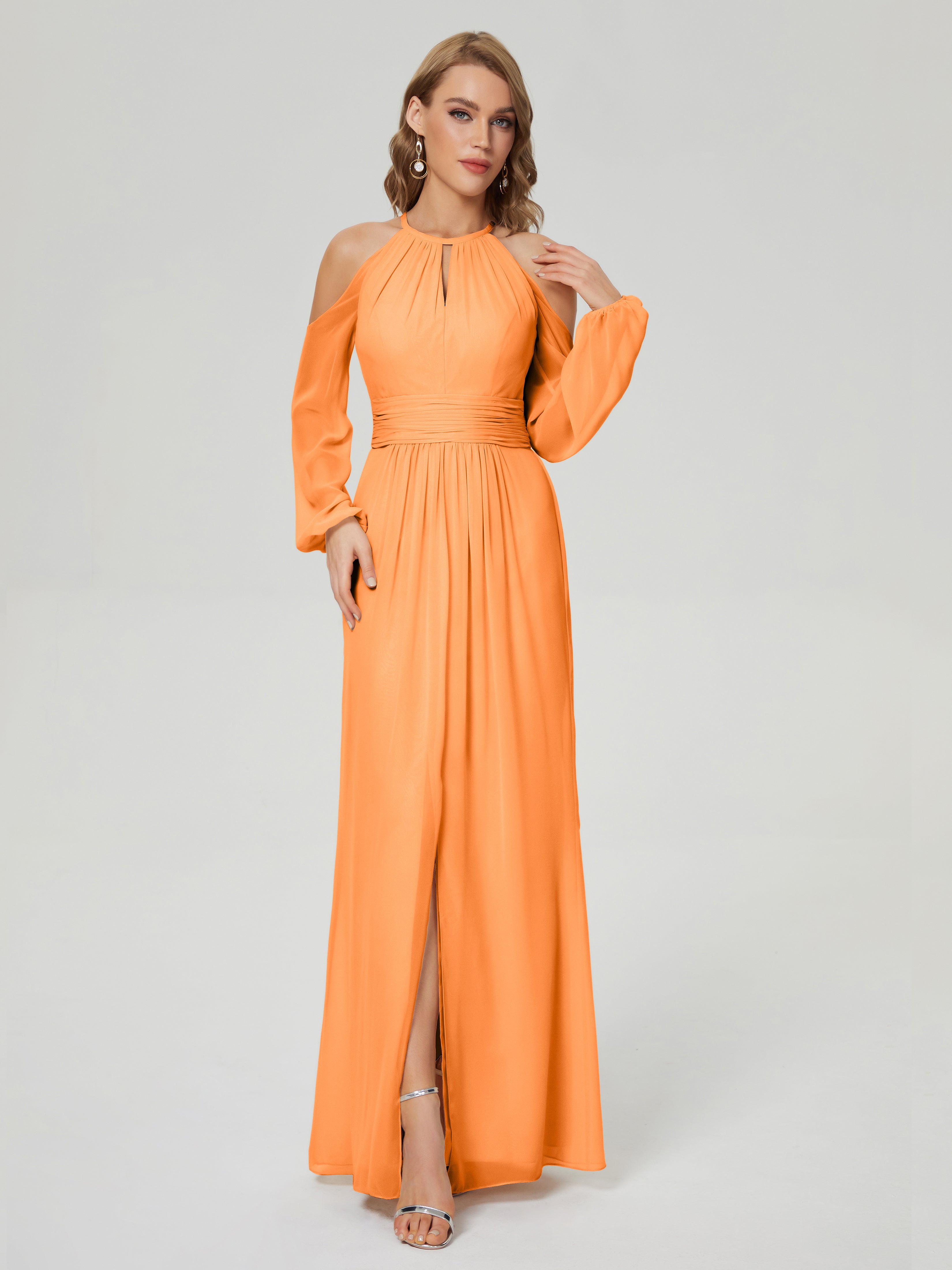Robe Demoiselle Dhonneur Orange Manches Longues Licou Mousseline Robe De Demoiselle D'Honneur