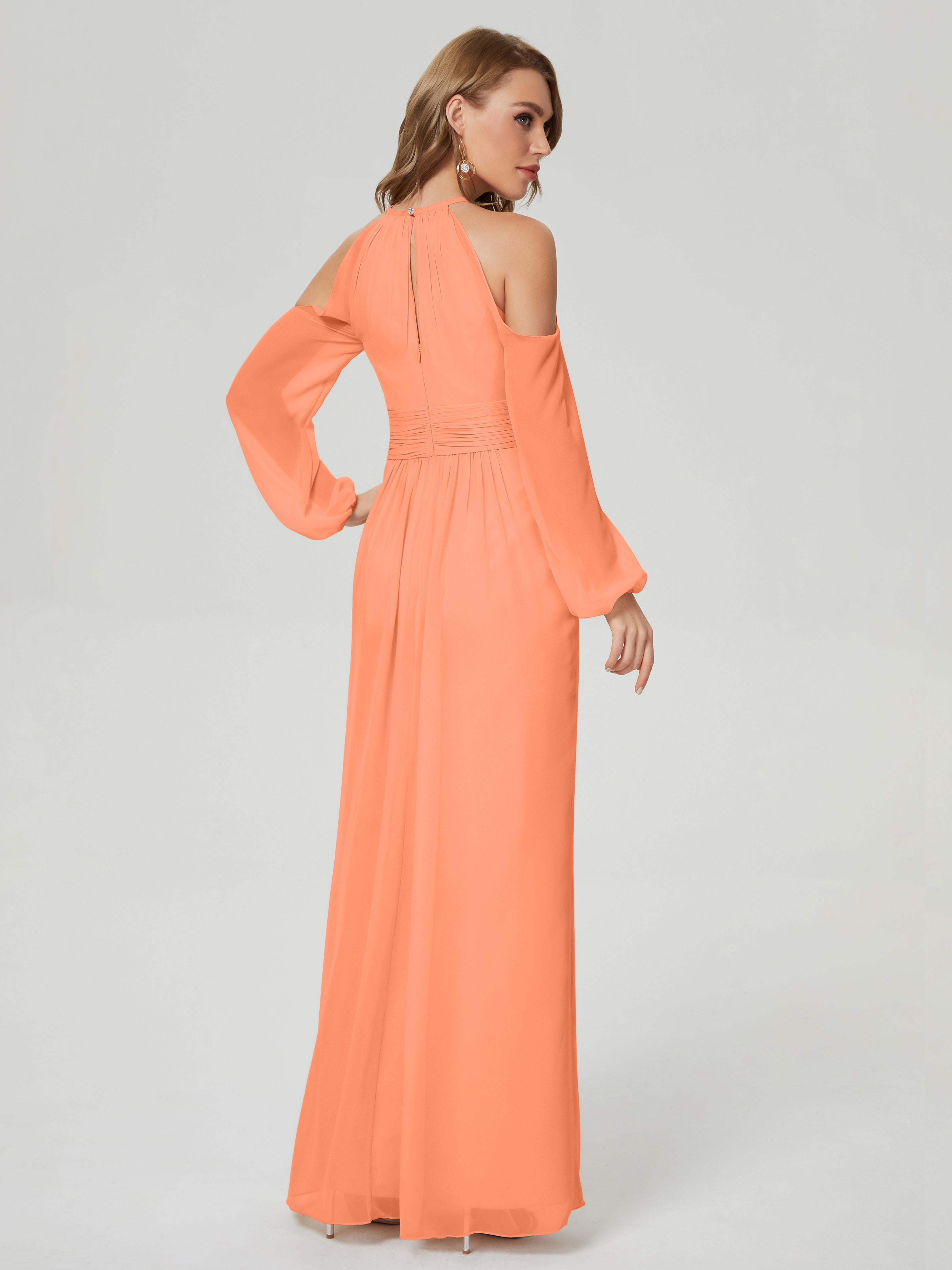 Robes De Demoiselle D'Honneur Papaye Manches Longues Licou Mousseline Robe De Demoiselle D'Honneur