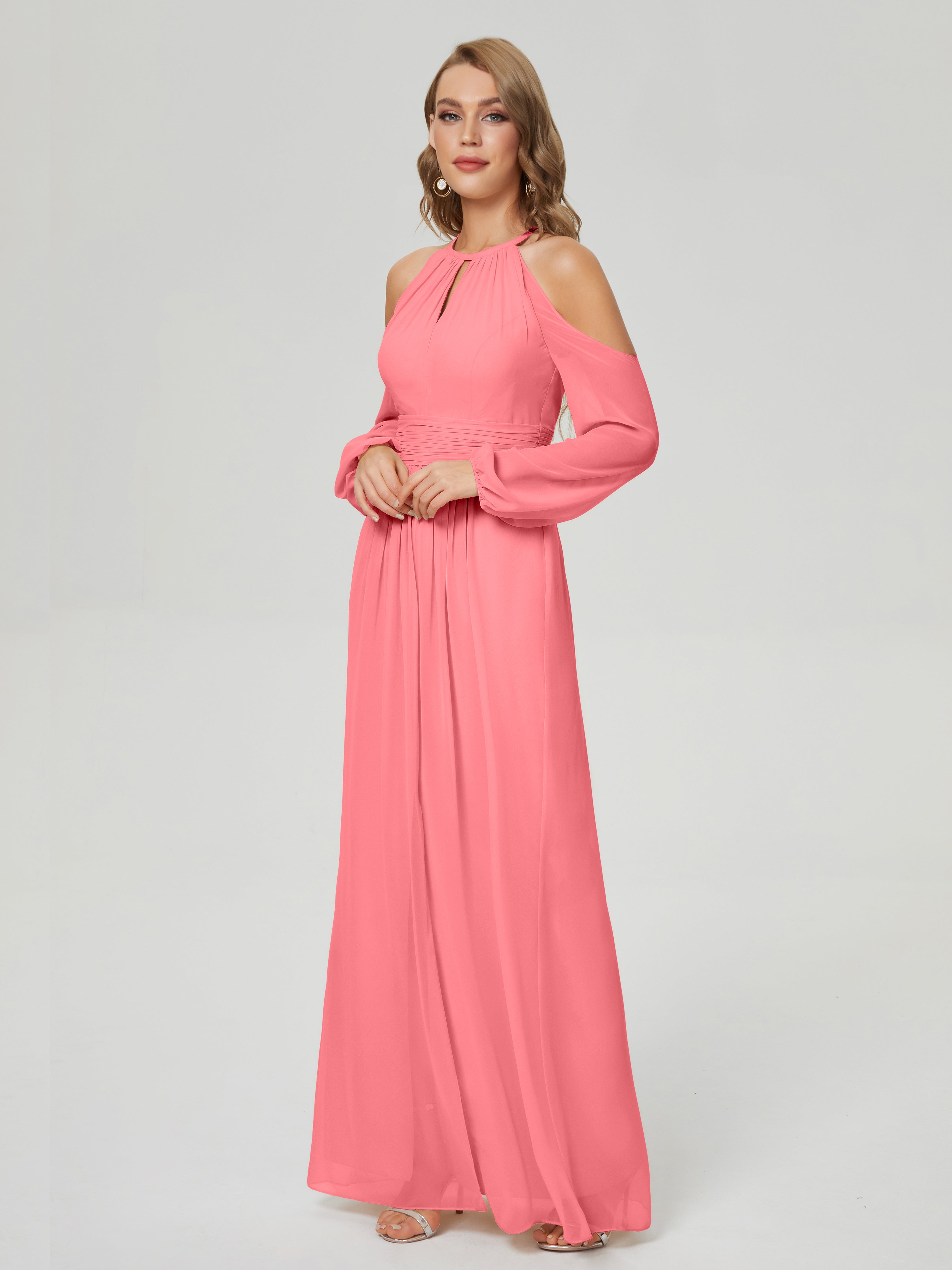 Robes De Demoiselle D'Honneur Pastèque Manches Longues Licou Mousseline Robe De Demoiselle D'Honneur