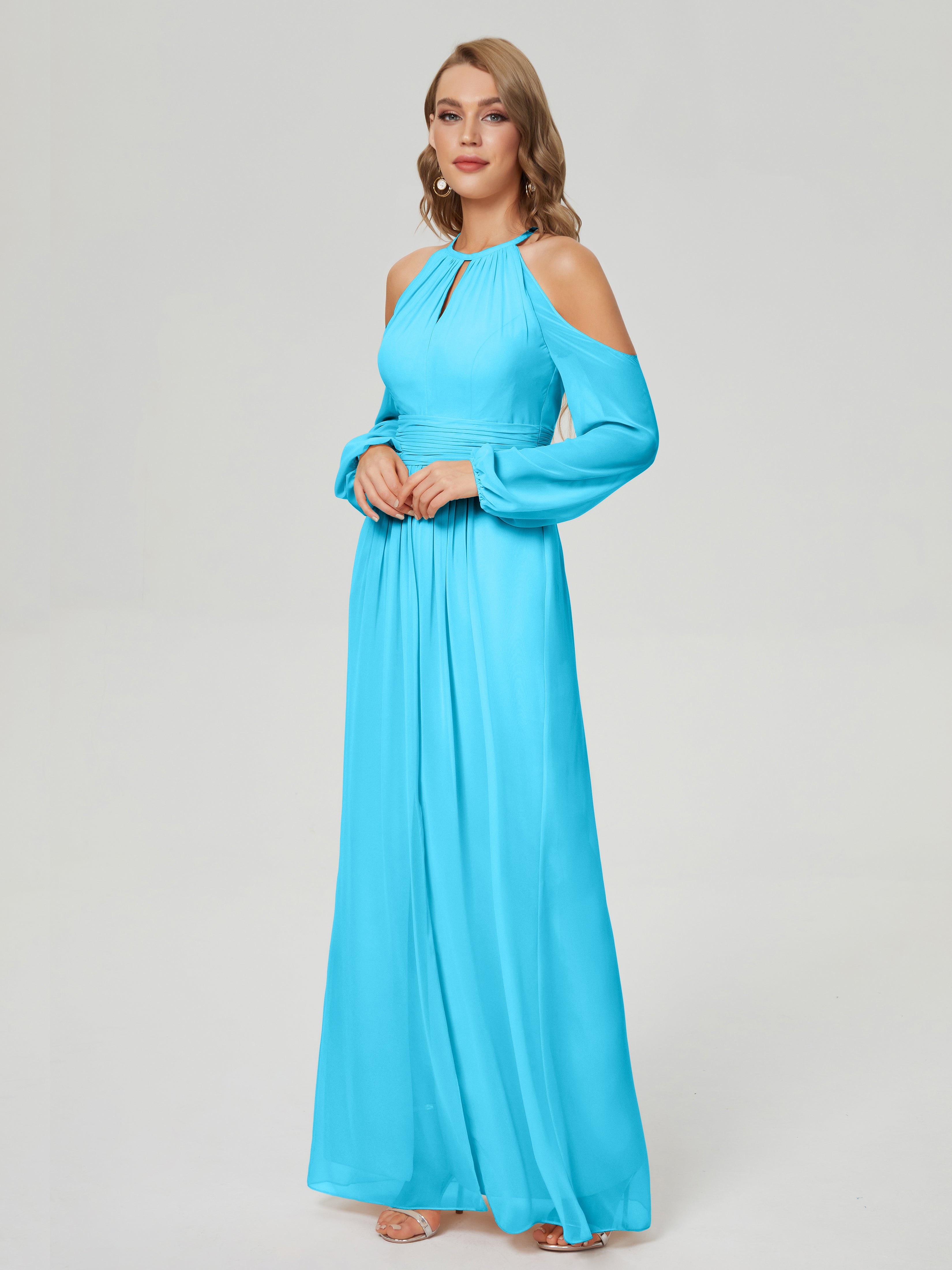 Robe De Demoiselle D'Honneur En Piscine Manches Longues Licou Mousseline Robe De Demoiselle D'Honneur