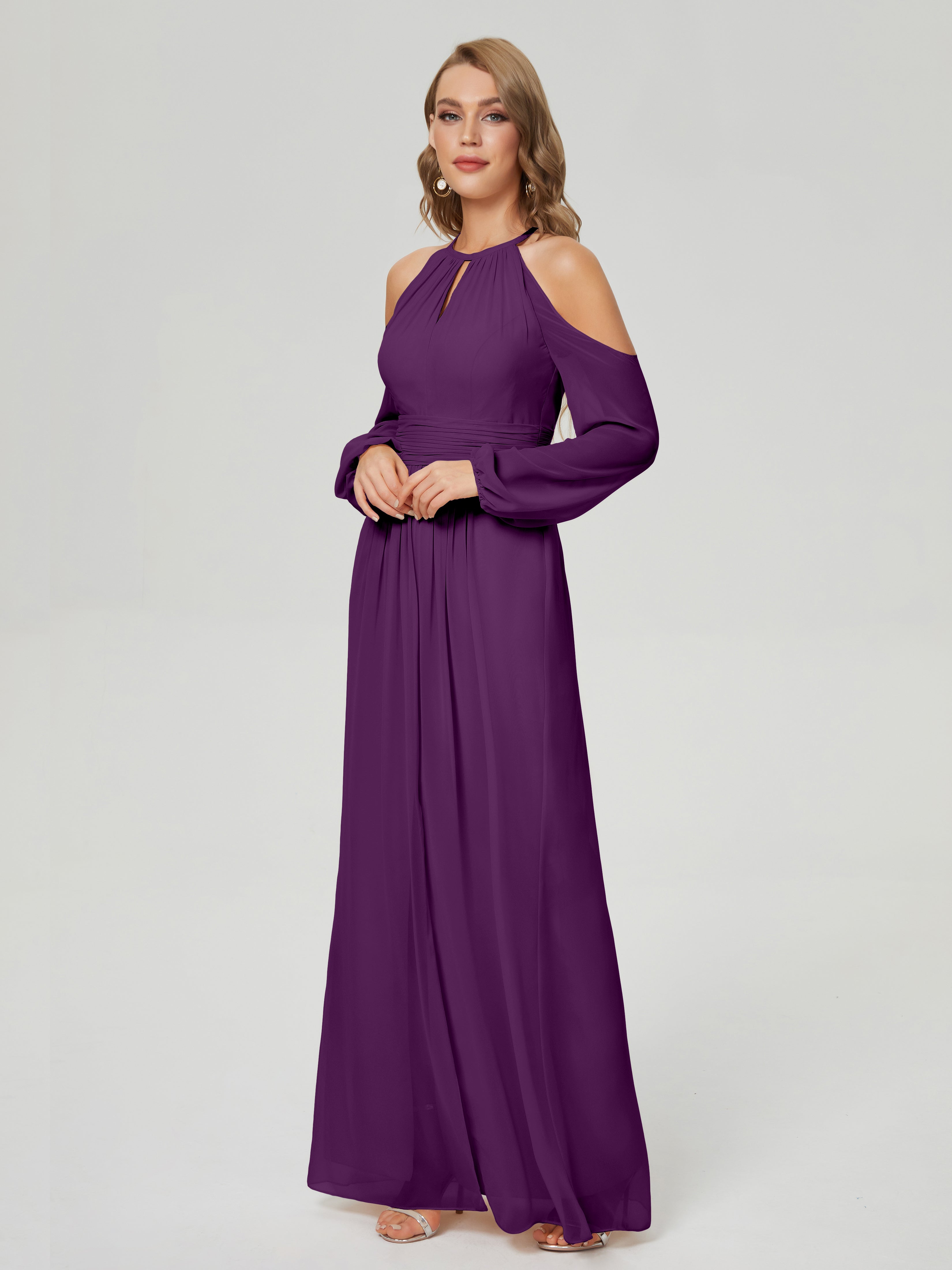 Robes De Demoiselle D'Honneur En Raisin Manches Longues Licou Mousseline Robe De Demoiselle D'Honneur