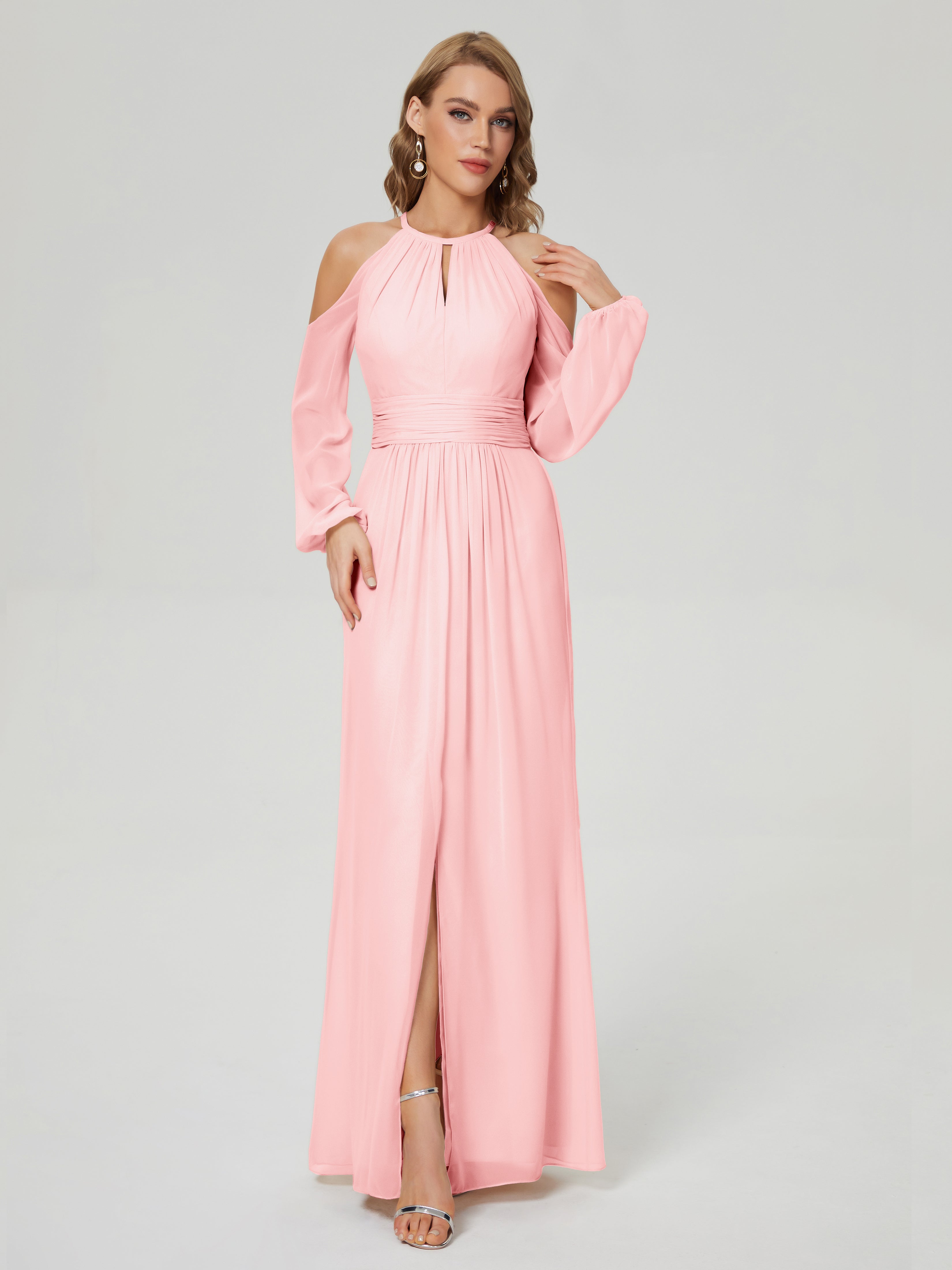 Robe Rose Mariage Demoiselle D Honneur Manches Longues Licou Mousseline Robe De Demoiselle D'Honneur