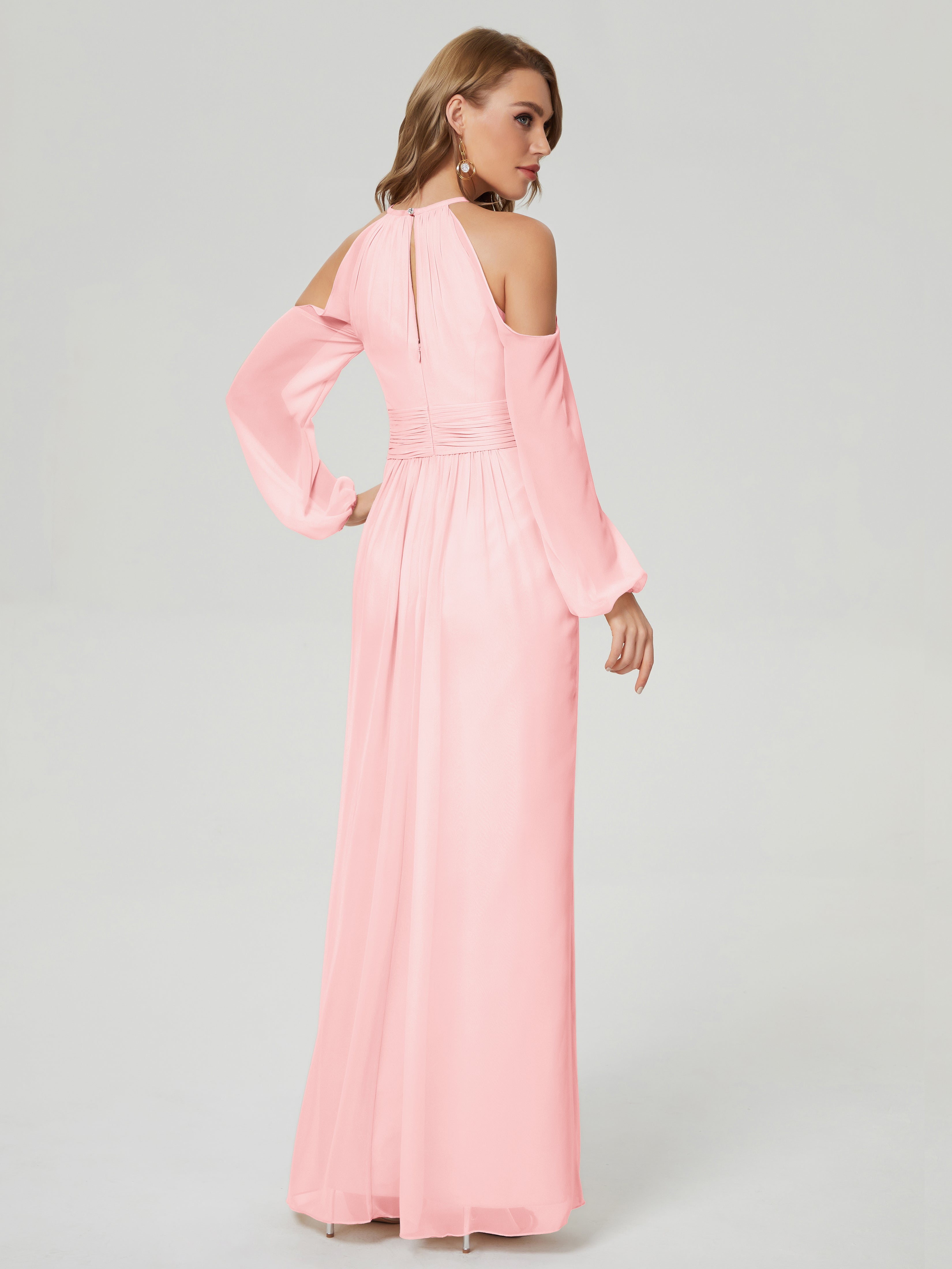Robe Rose Mariage Demoiselle D Honneur Manches Longues Licou Mousseline Robe De Demoiselle D'Honneur