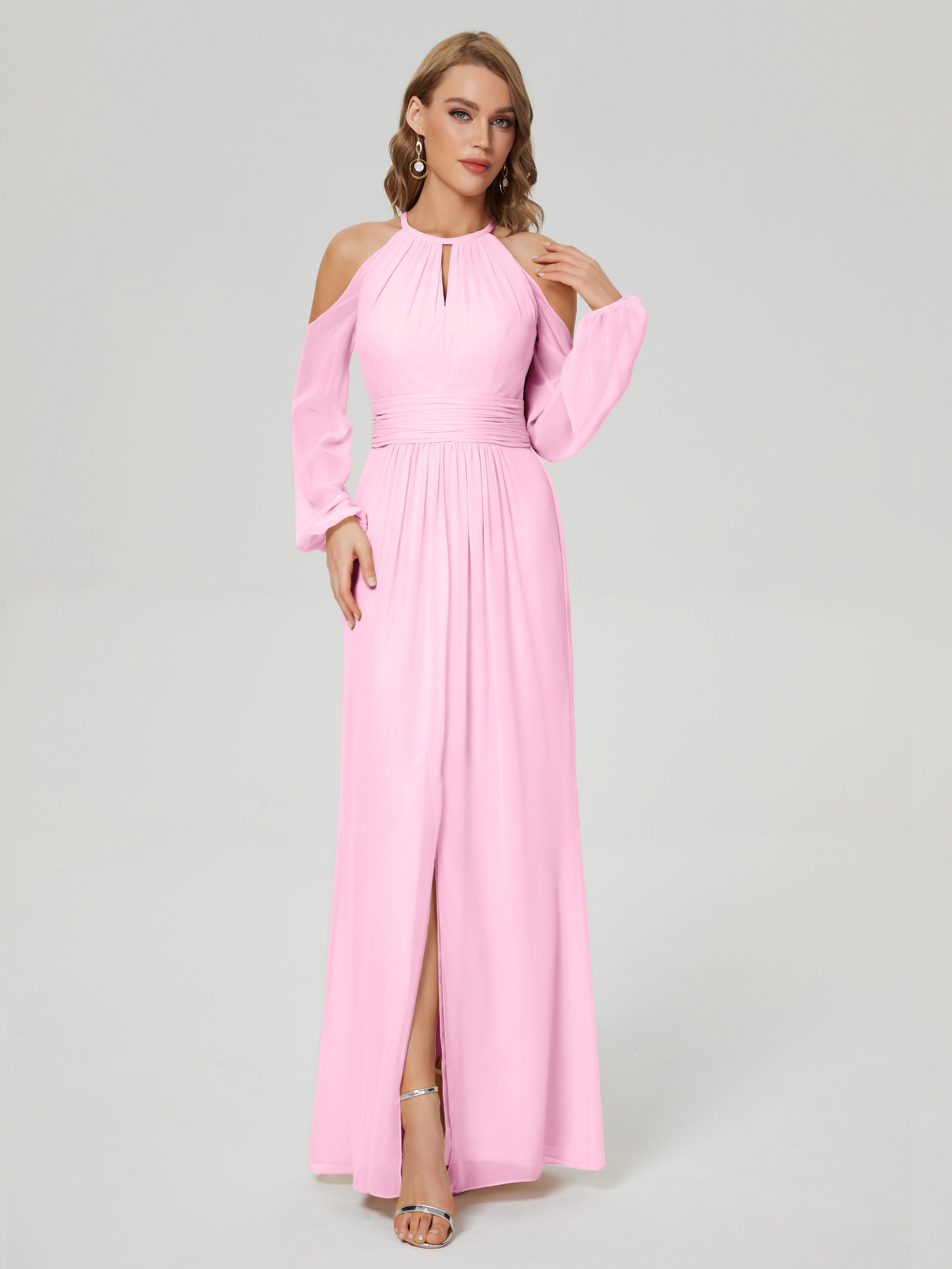 Robe Demoiselle D Honneur Rose Bonbon Manches Longues Licou Mousseline Robe De Demoiselle D'Honneur