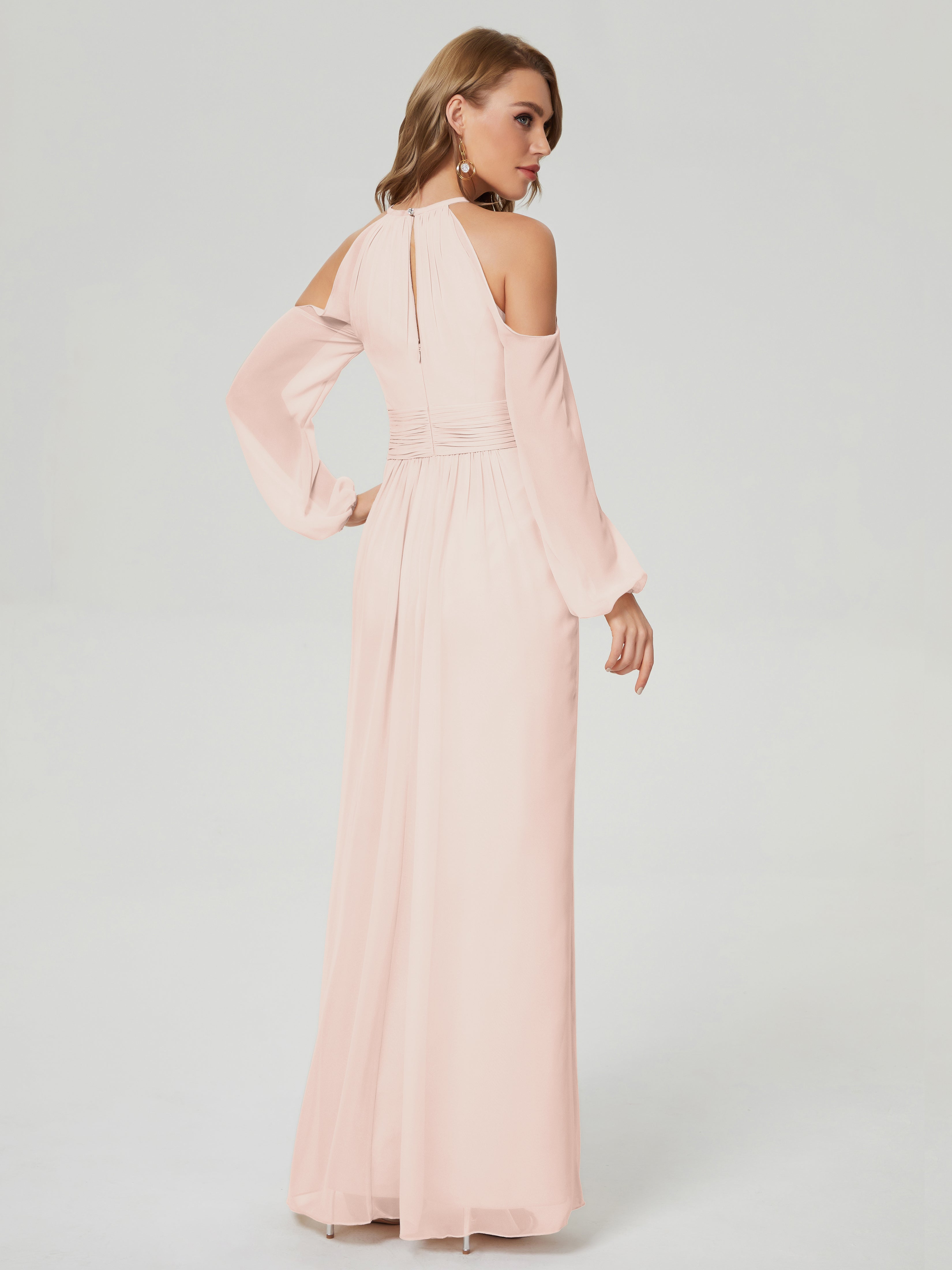 Robe Demoiselle D Honneur Rose Perle Manches Longues Licou Mousseline Robe De Demoiselle D'Honneur