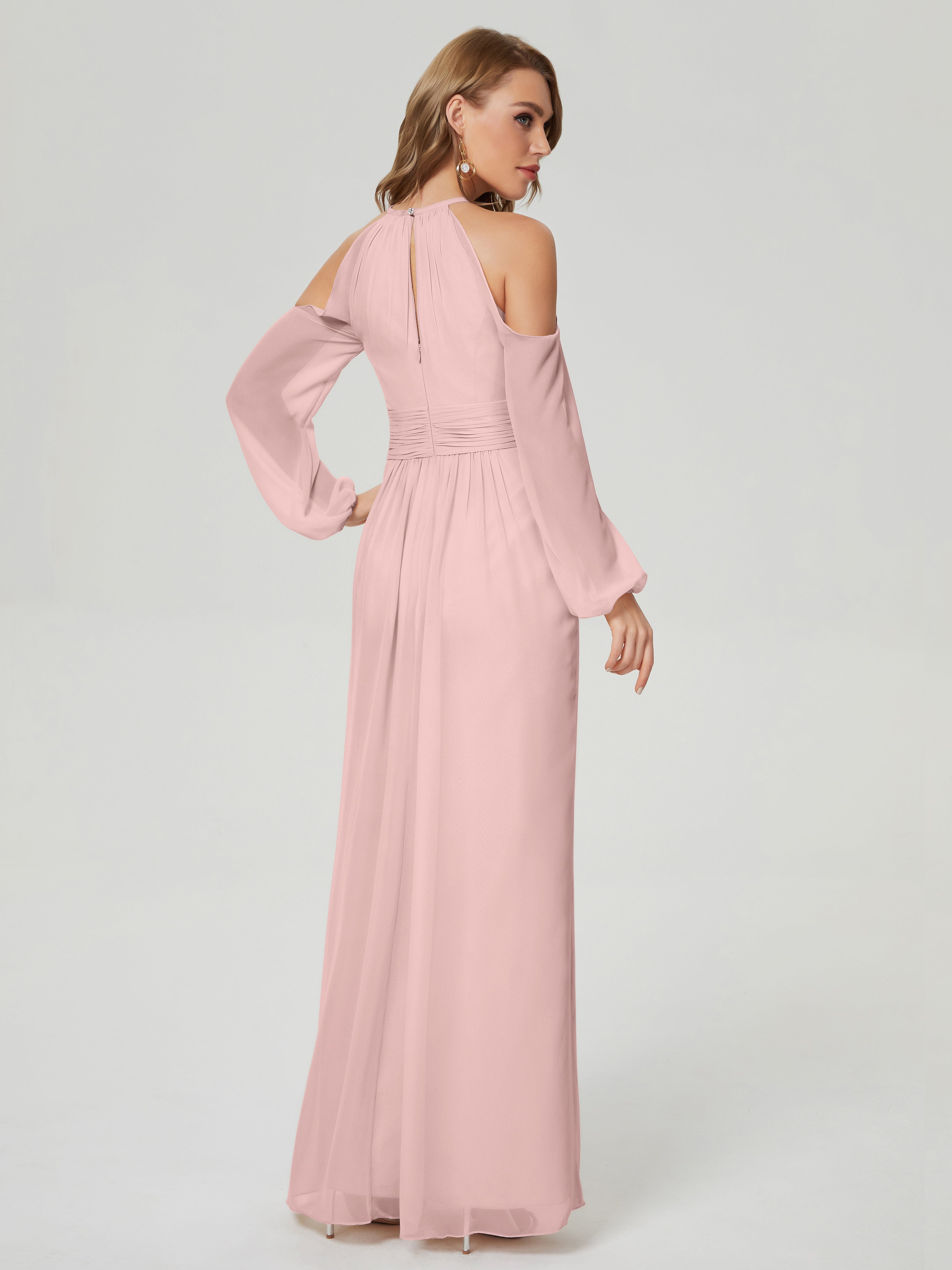 Robe Rose Poudrée Demoiselle D Honneur Manches Longues Licou Mousseline Robe De Demoiselle D'Honneur