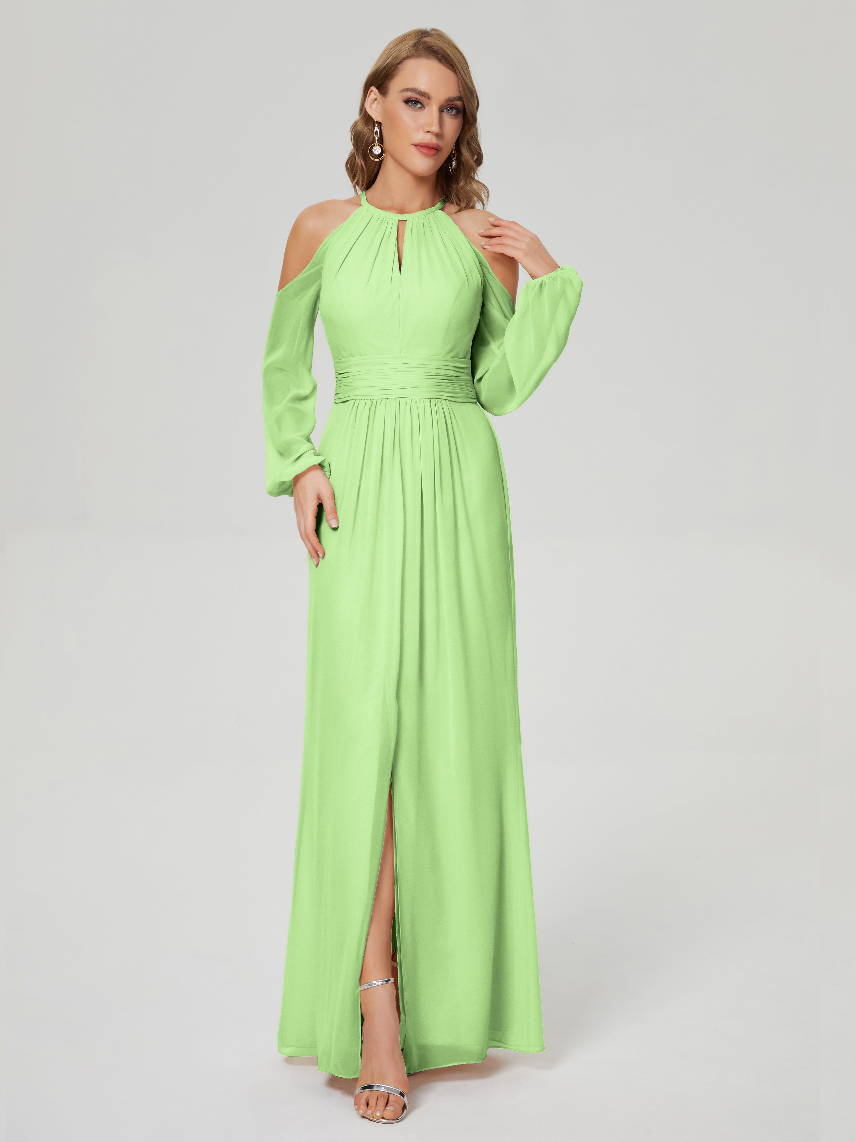 Robe Longue Demoiselle D Honneur Vert Sauge Manches Longues Licou Mousseline Robe De Demoiselle D'Honneur