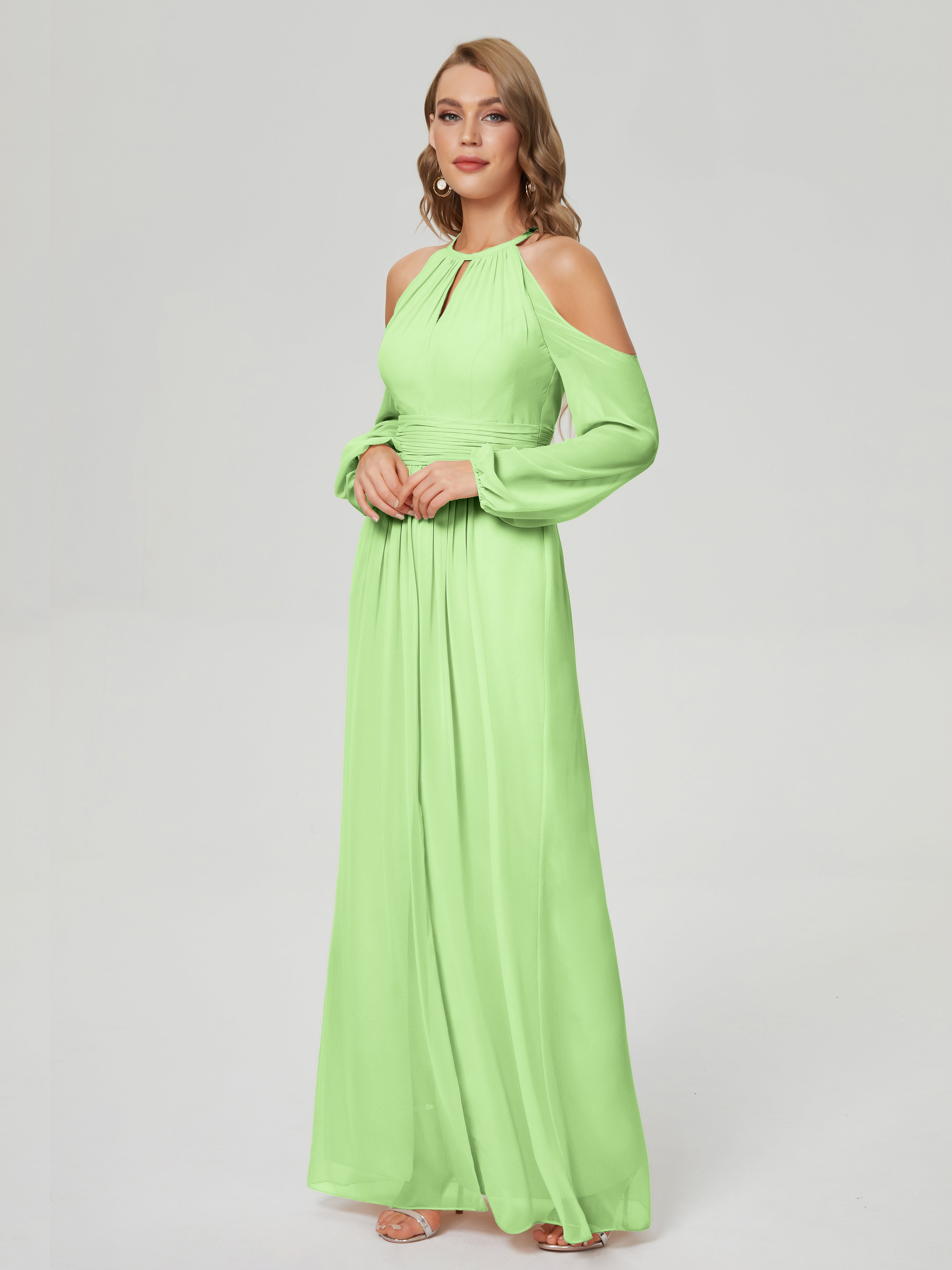 Robe Longue Demoiselle D Honneur Vert Sauge Manches Longues Licou Mousseline Robe De Demoiselle D'Honneur