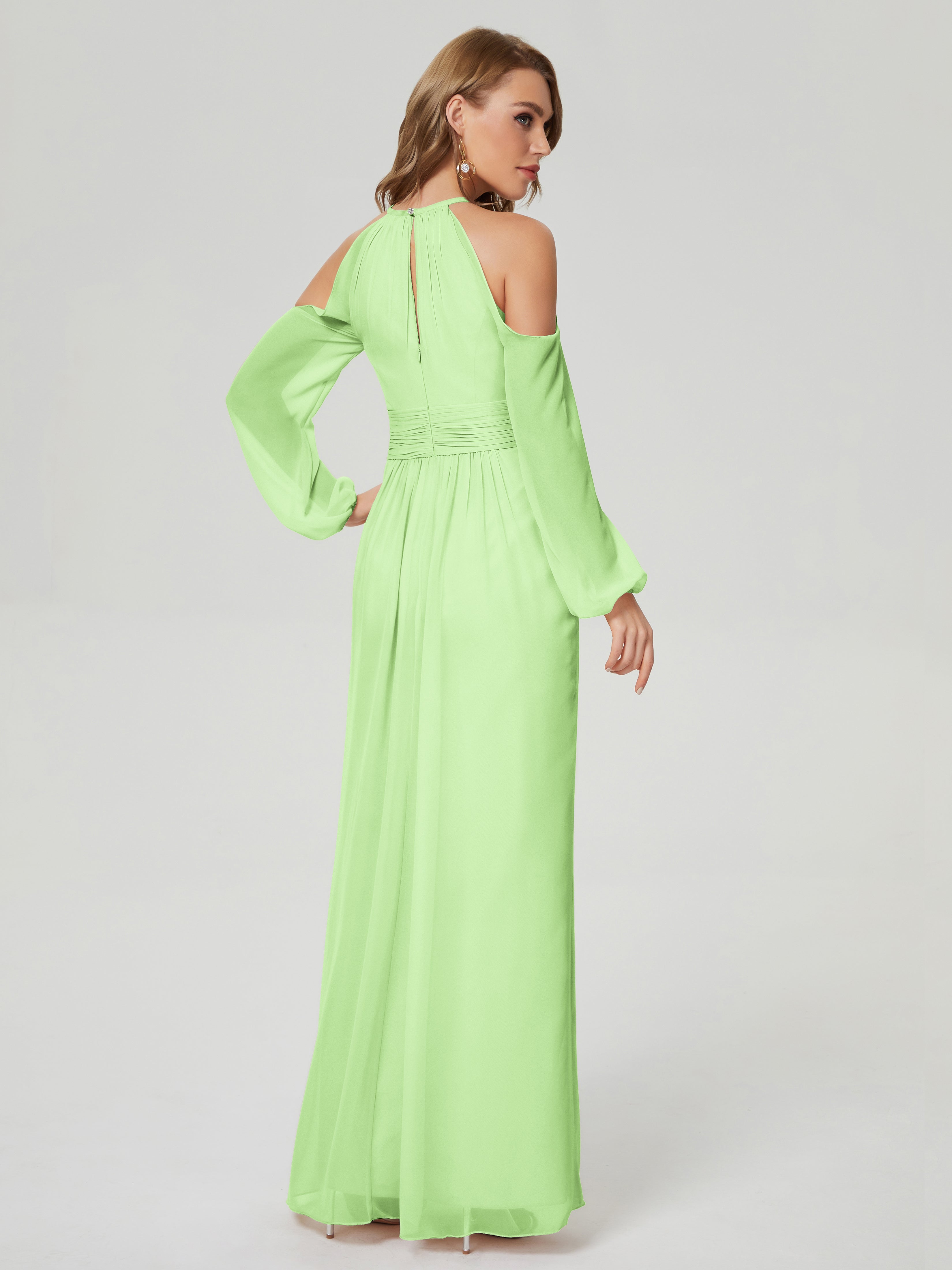 Robe Longue Demoiselle D Honneur Vert Sauge Manches Longues Licou Mousseline Robe De Demoiselle D'Honneur