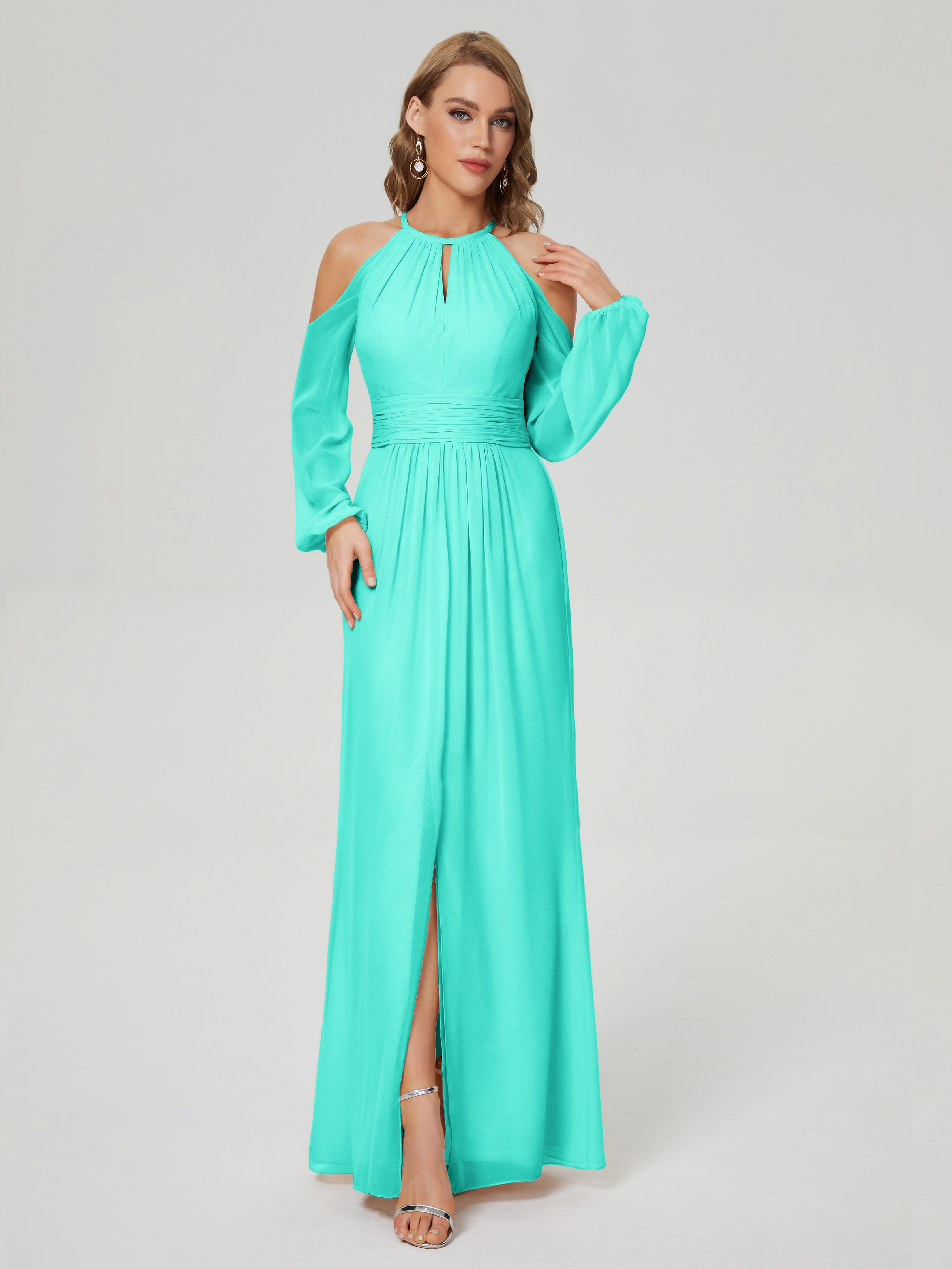 Robes De Demoiselle D'Honneur Spa Manches Longues Licou Mousseline Robe De Demoiselle D'Honneur