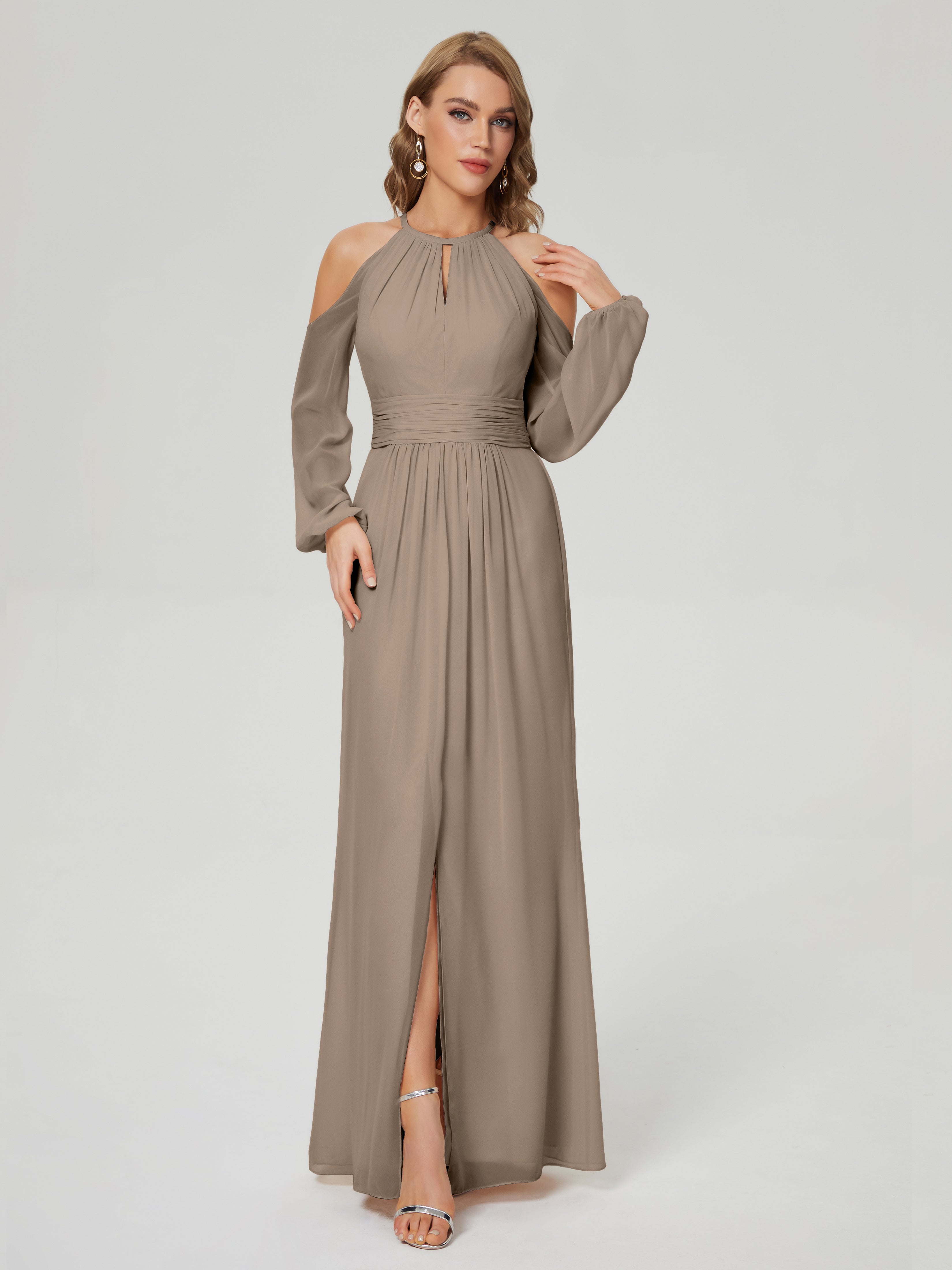 Robe Demoiselle D Honneur Taupe Manches Longues Licou Mousseline Robe De Demoiselle D'Honneur