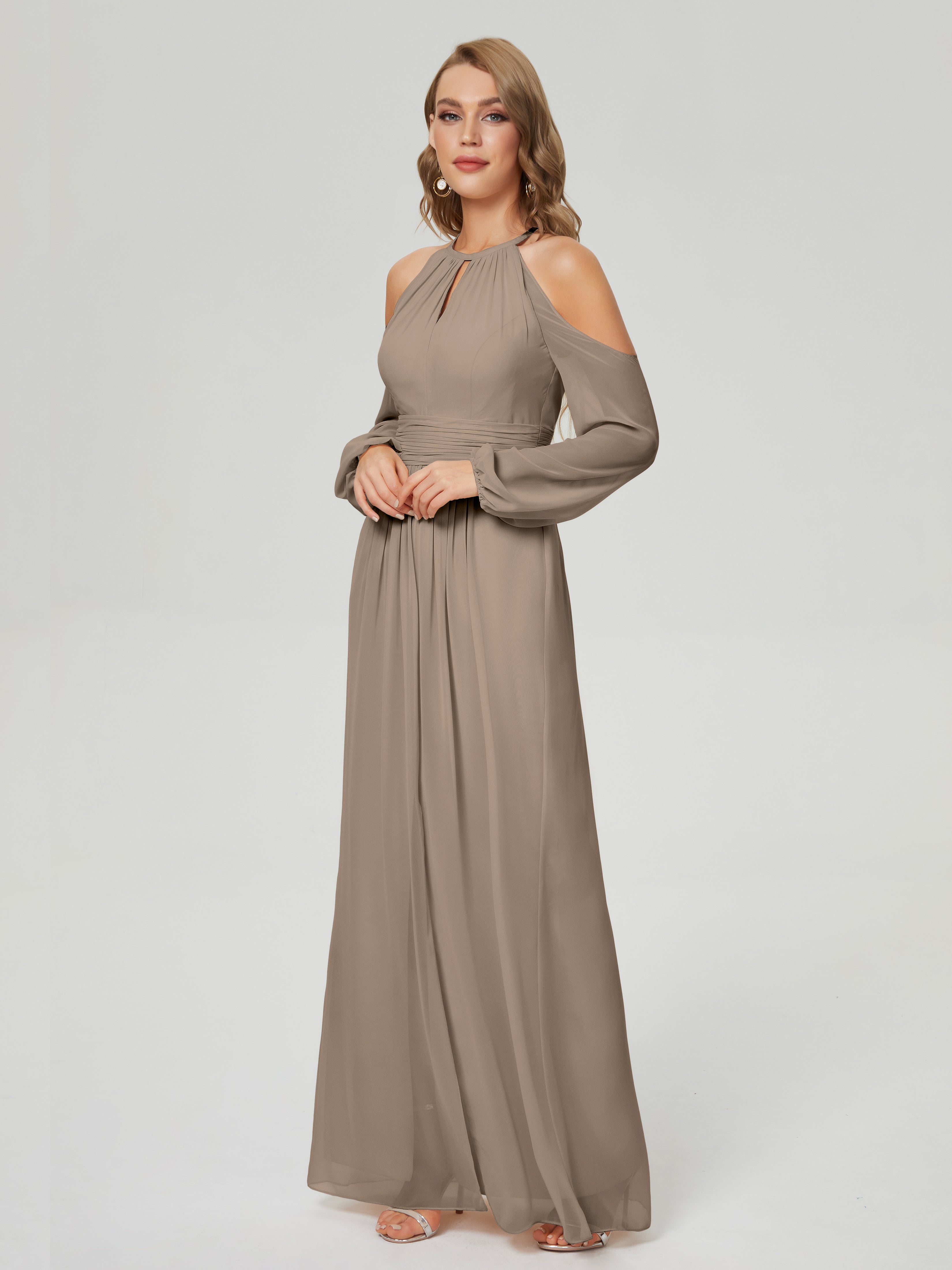 Robe Demoiselle D Honneur Taupe Manches Longues Licou Mousseline Robe De Demoiselle D'Honneur