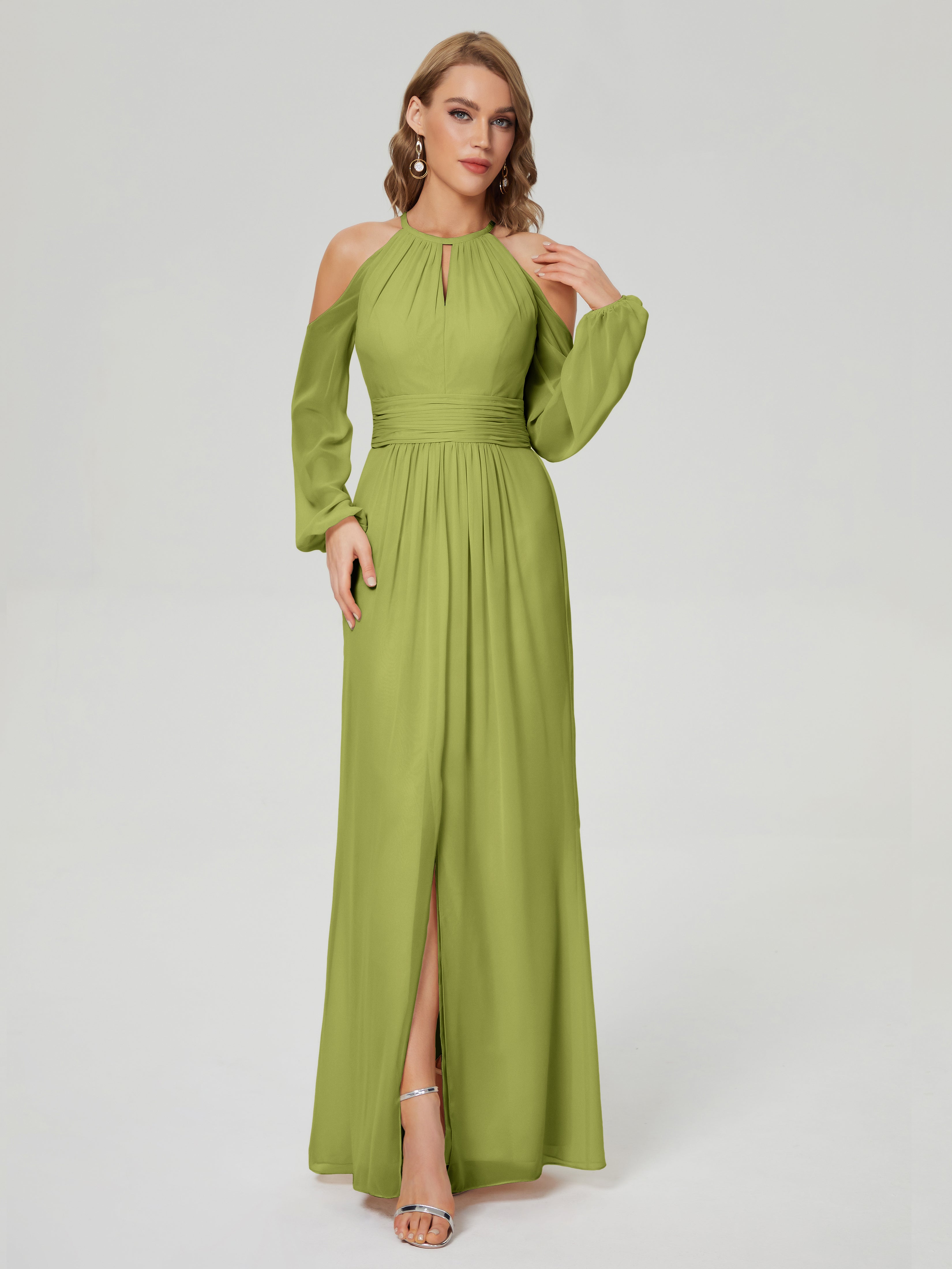 Robes De Demoiselle D'Honneur Trèfle Manches Longues Licou Mousseline Robe De Demoiselle D'Honneur