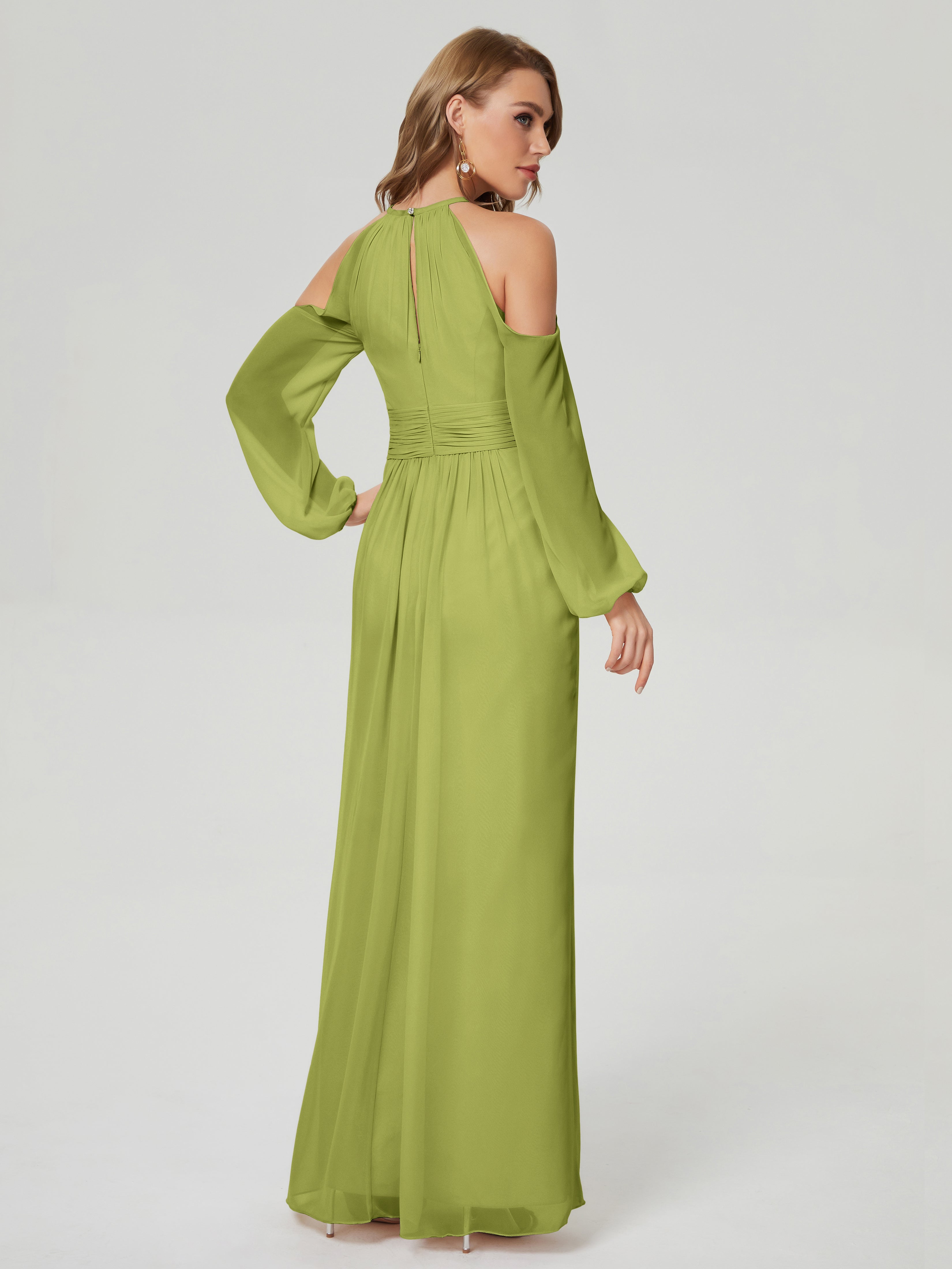 Robes De Demoiselle D'Honneur Trèfle Manches Longues Licou Mousseline Robe De Demoiselle D'Honneur