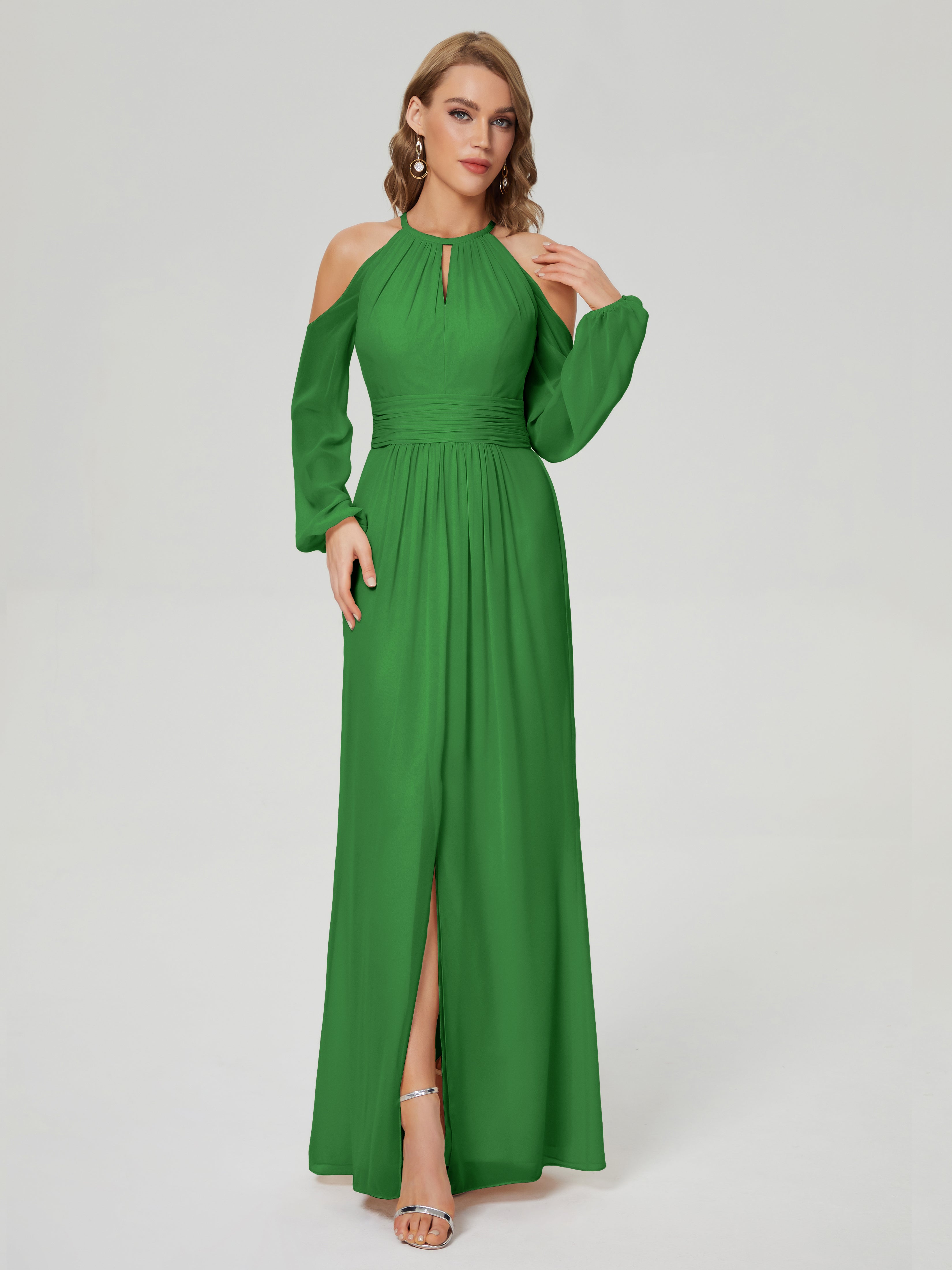 Robe Longue Verte Demoiselle D Honneur Manches Longues Licou Mousseline Robe De Demoiselle D'Honneur