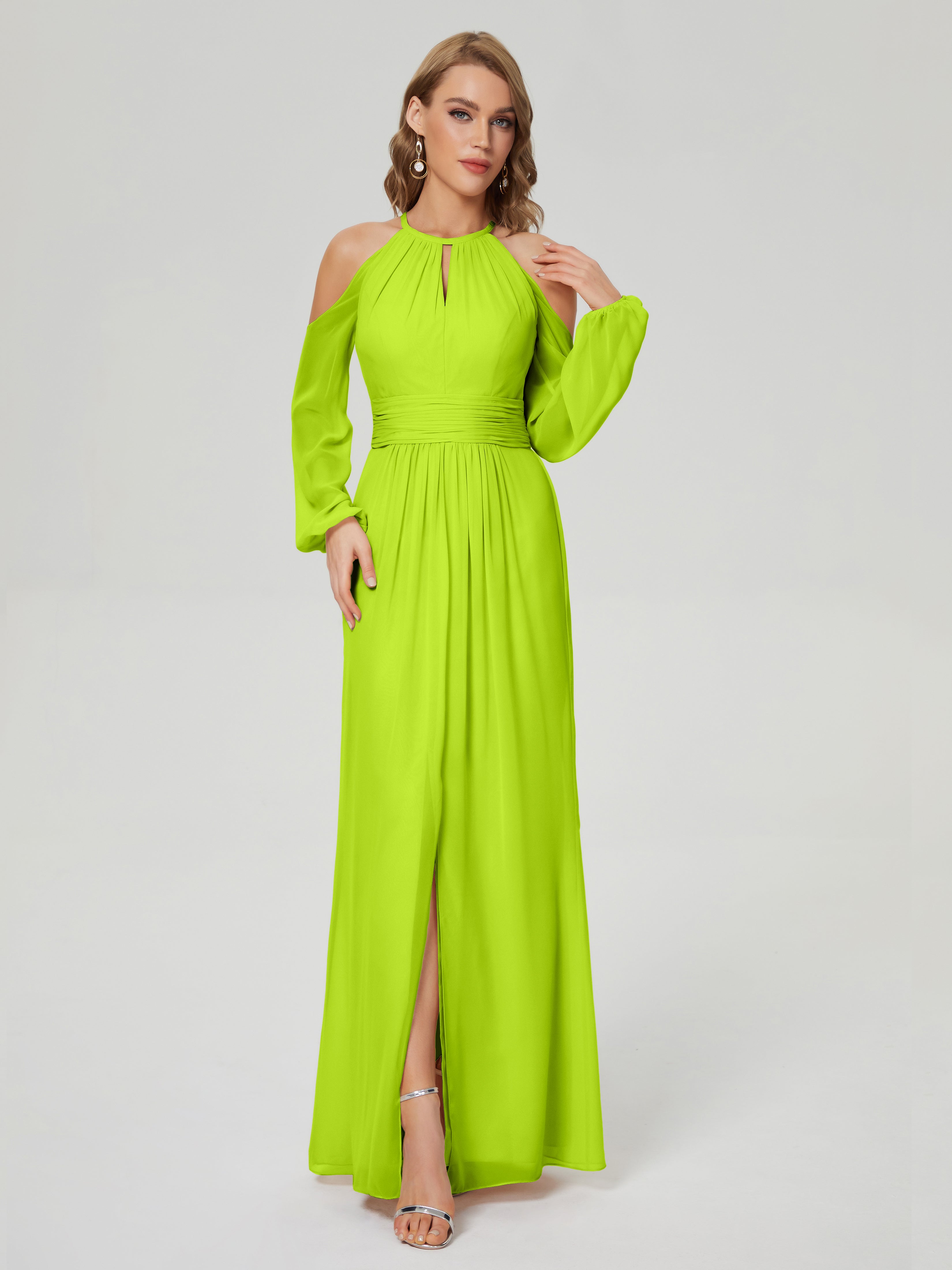 Robes De Demoiselle D'Honneur Vert Citron Manches Longues Licou Mousseline Robe De Demoiselle D'Honneur