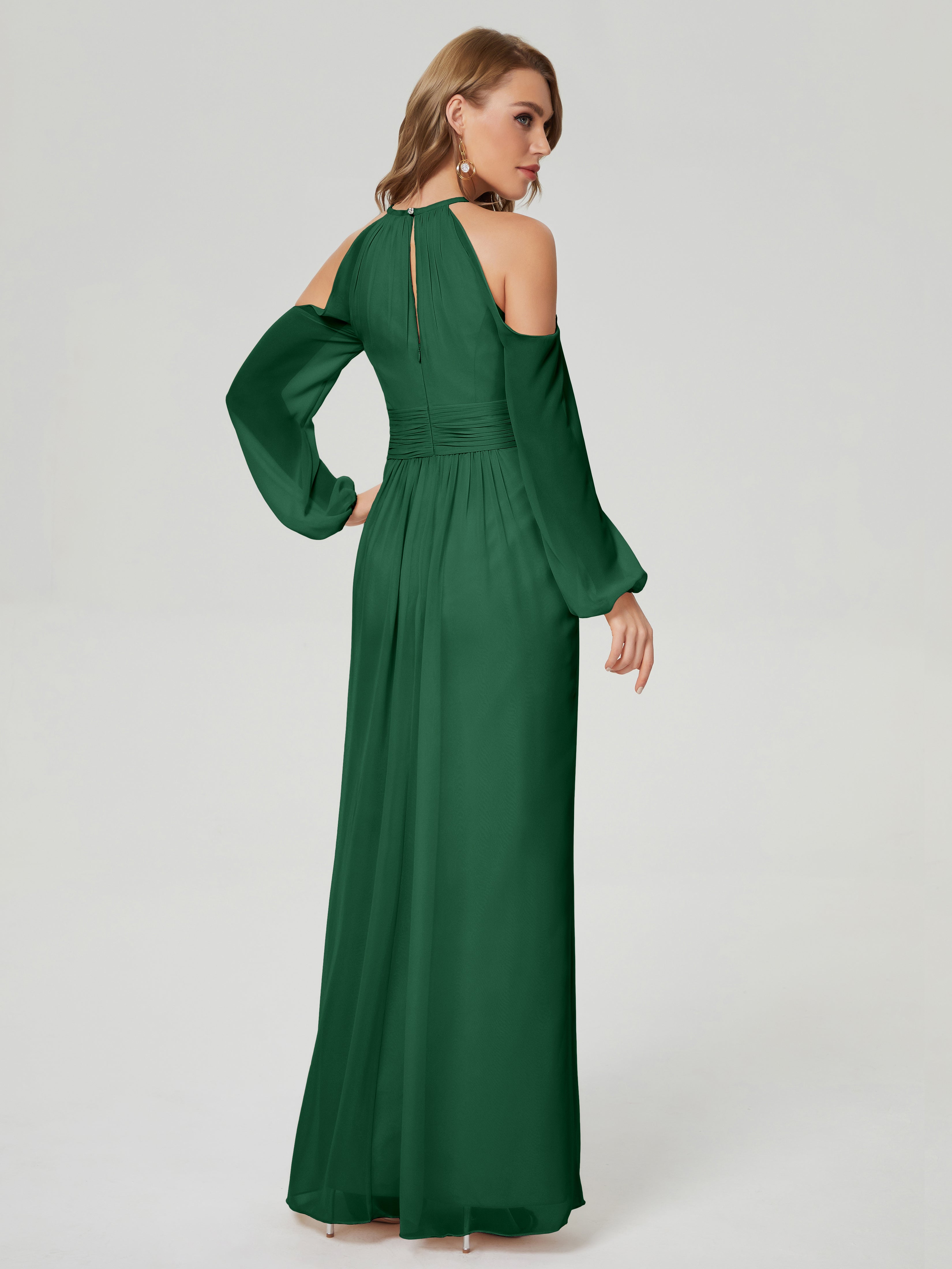 Robes De Demoiselle D'Honneur Vert Foncé Manches Longues Licou Mousseline Robe De Demoiselle D'Honneur