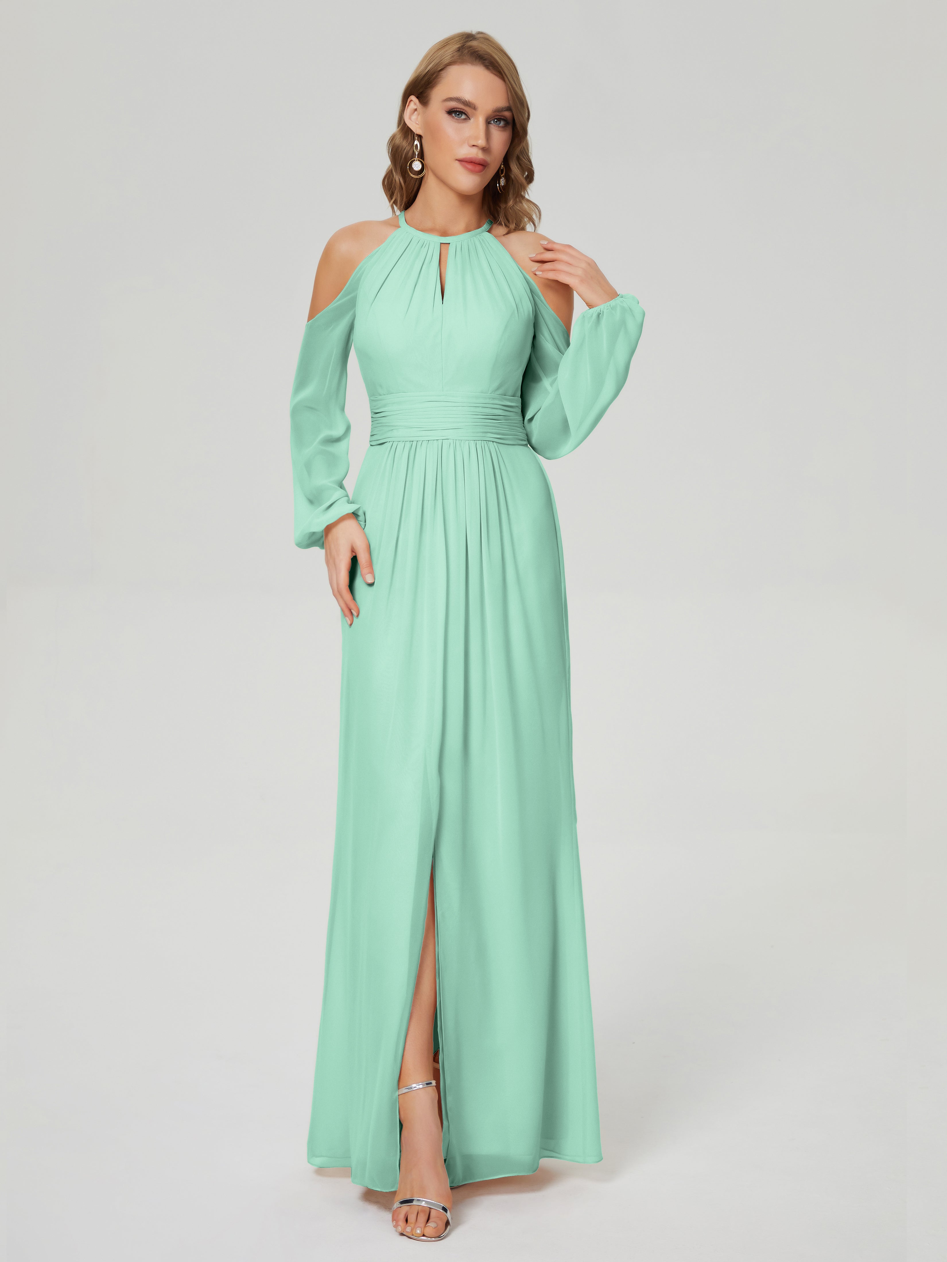 Robe Demoiselle D Honneur Vert Menthe Manches Longues Licou Mousseline Robe De Demoiselle D'Honneur