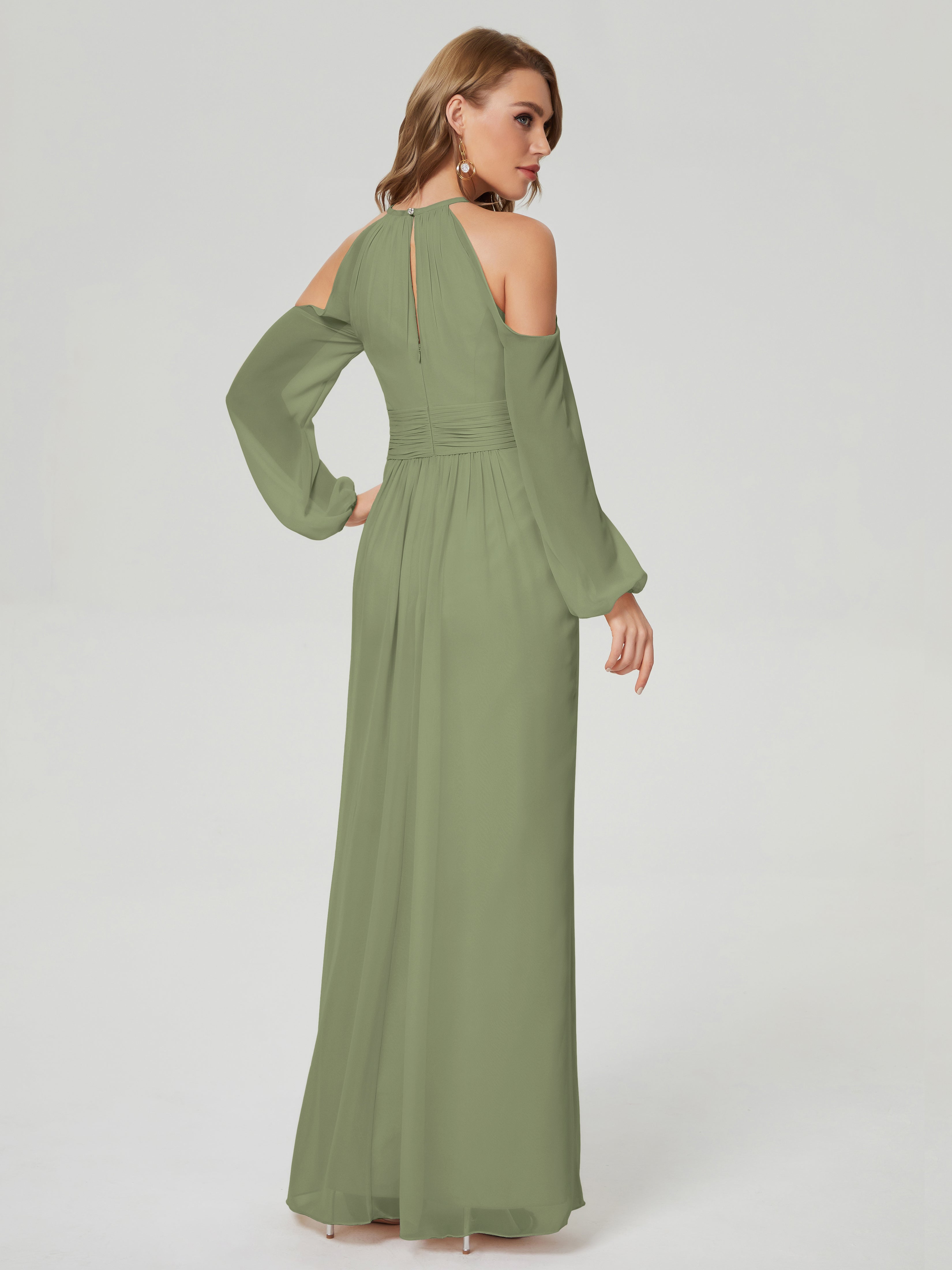 Robe De Demoiselle D Honneur Vert Olive Manches Longues Licou Mousseline Robe De Demoiselle D'Honneur