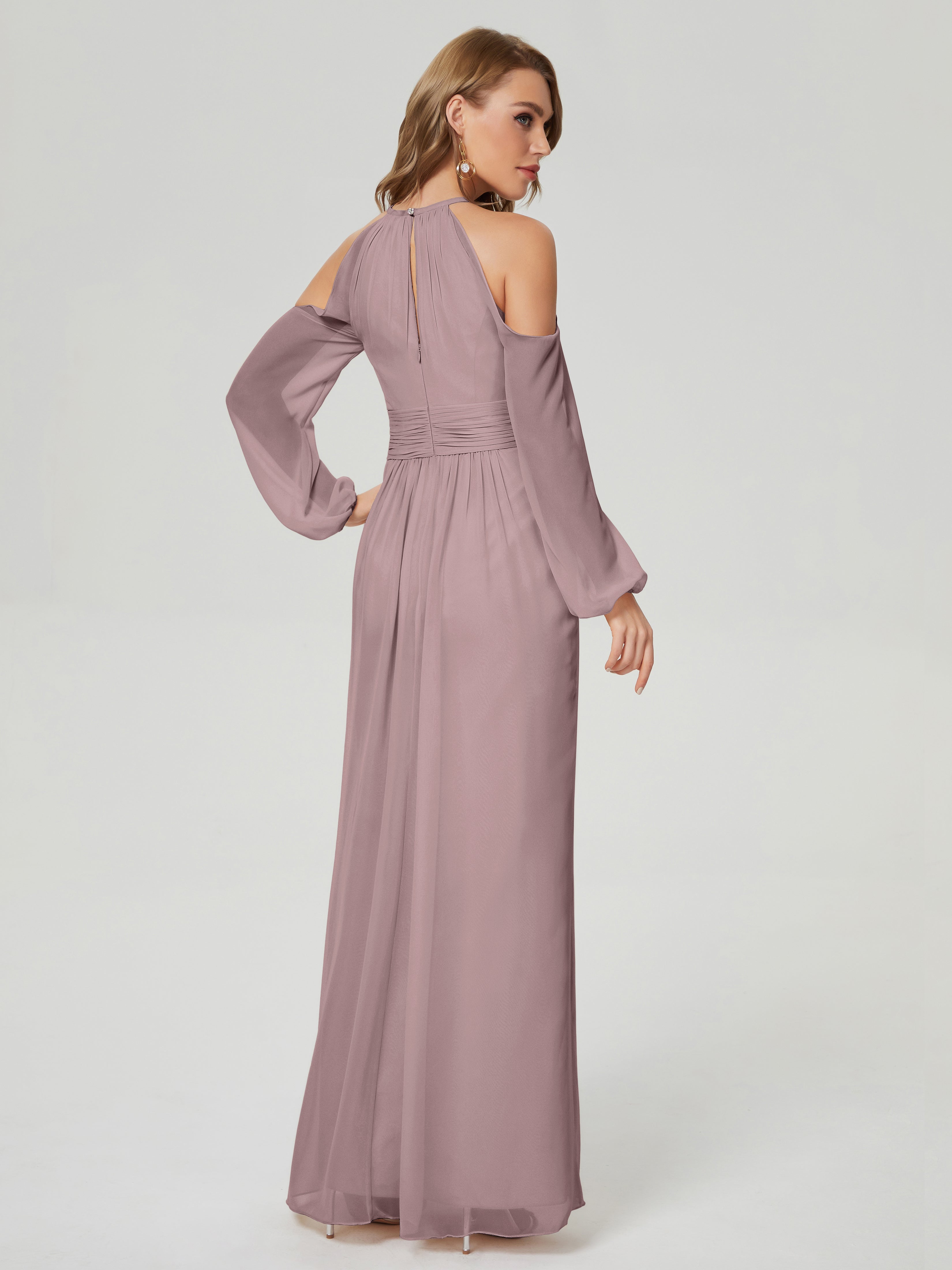 Robes De Demoiselle D'Honneur Mauve Foncé Manches Longues Licou Mousseline Robe De Demoiselle D'Honneur