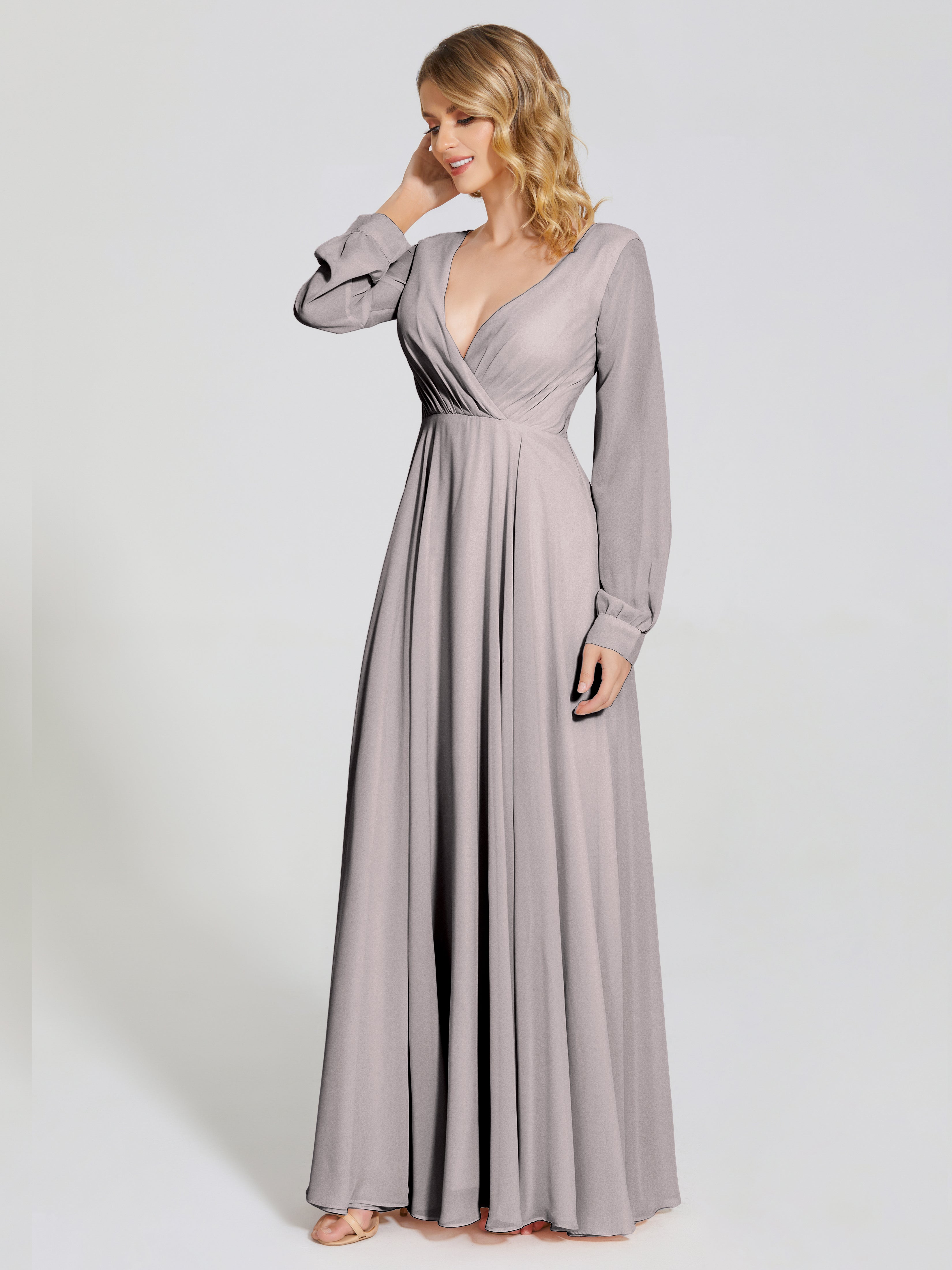 Robe Demoiselle D Honneur Argent Trapèze Manches Longues Mousseline Robe De Demoiselle D'Honneur