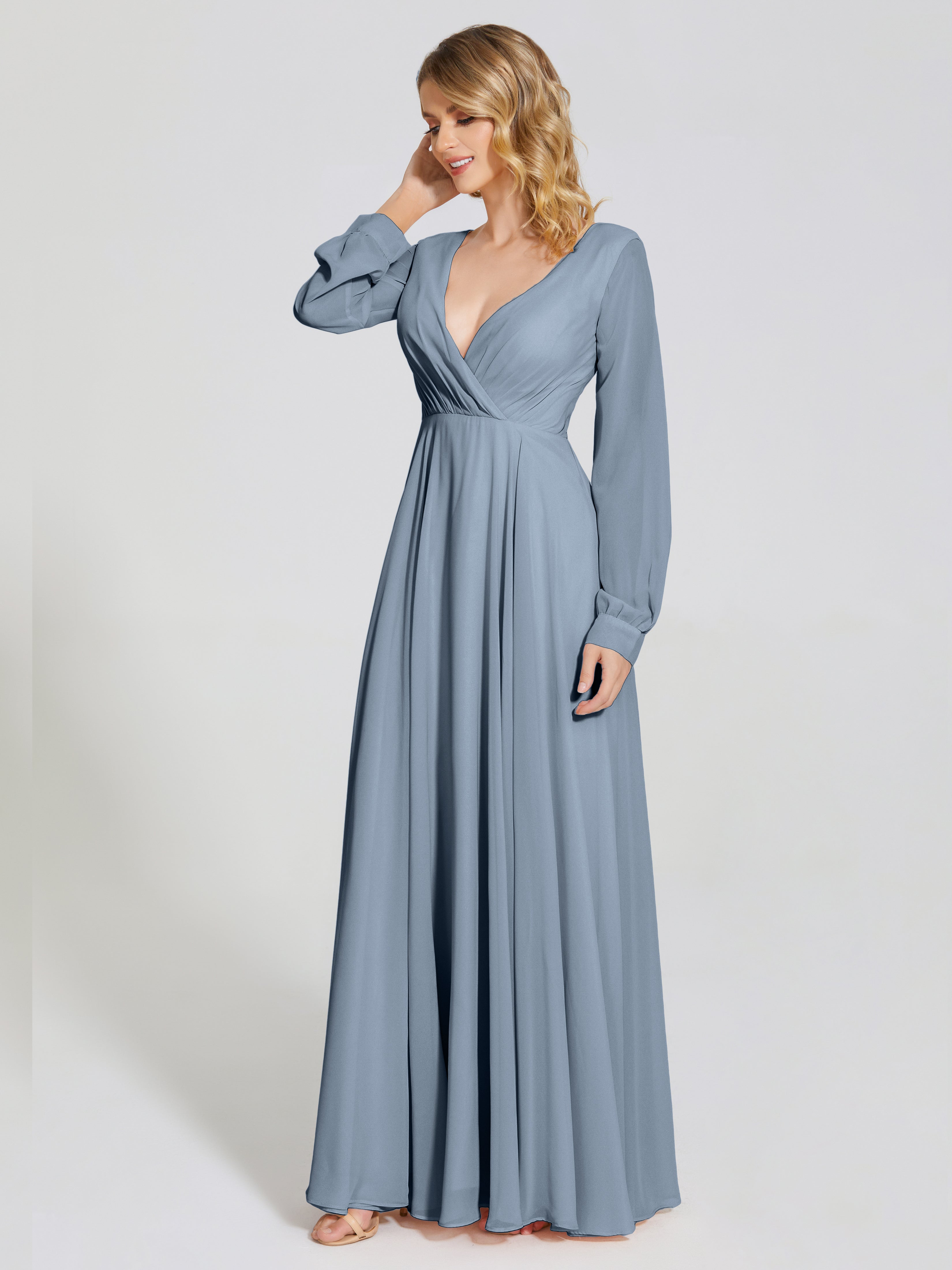 Robes De Demoiselle D'Honneur Bleu Poudre Trapèze Manches Longues Mousseline Robe De Demoiselle D'Honneur