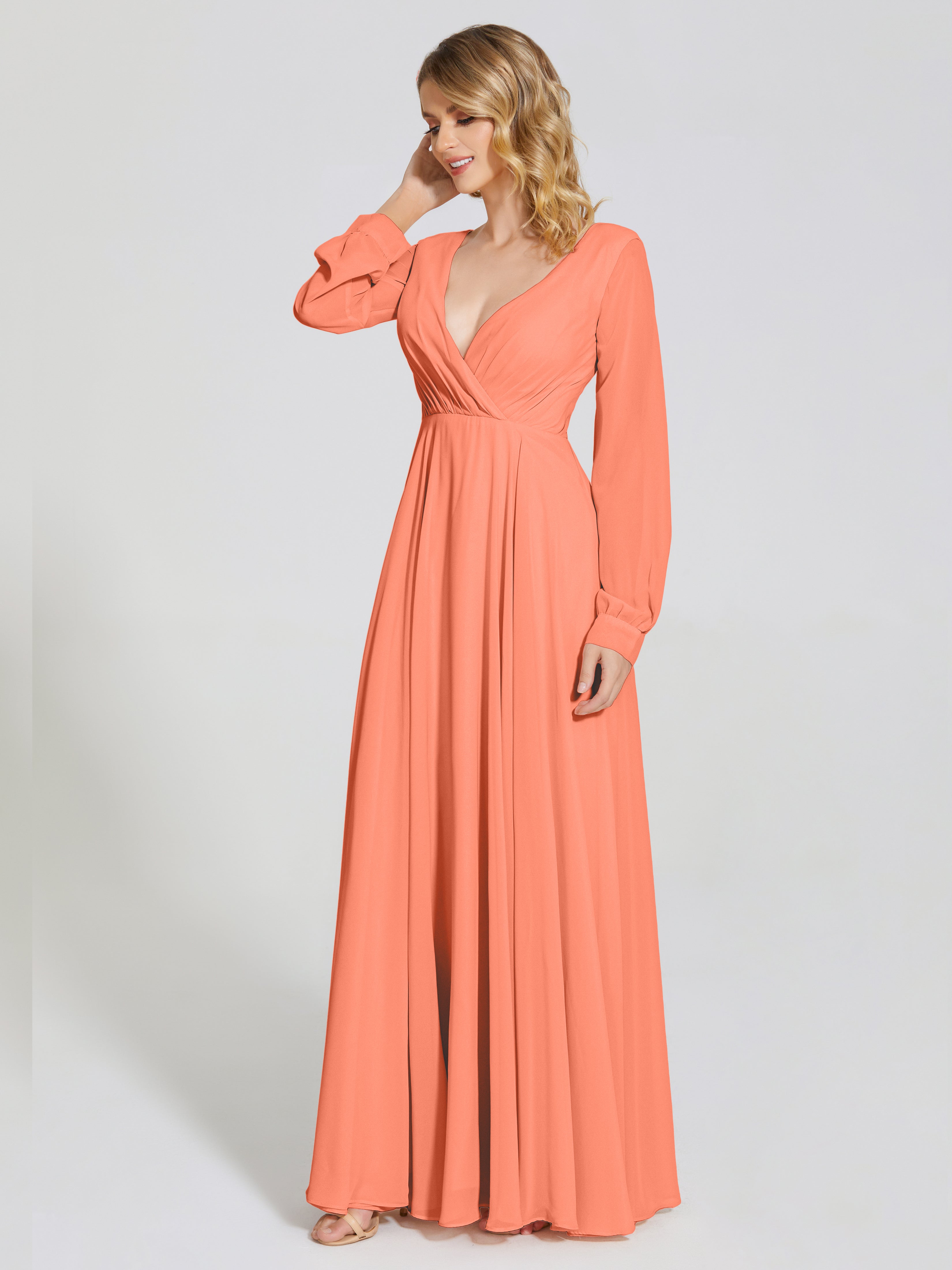 Robes De Demoiselle D'Honneur Coucher De Soleil Trapèze Manches Longues Mousseline Robe De Demoiselle D'Honneur