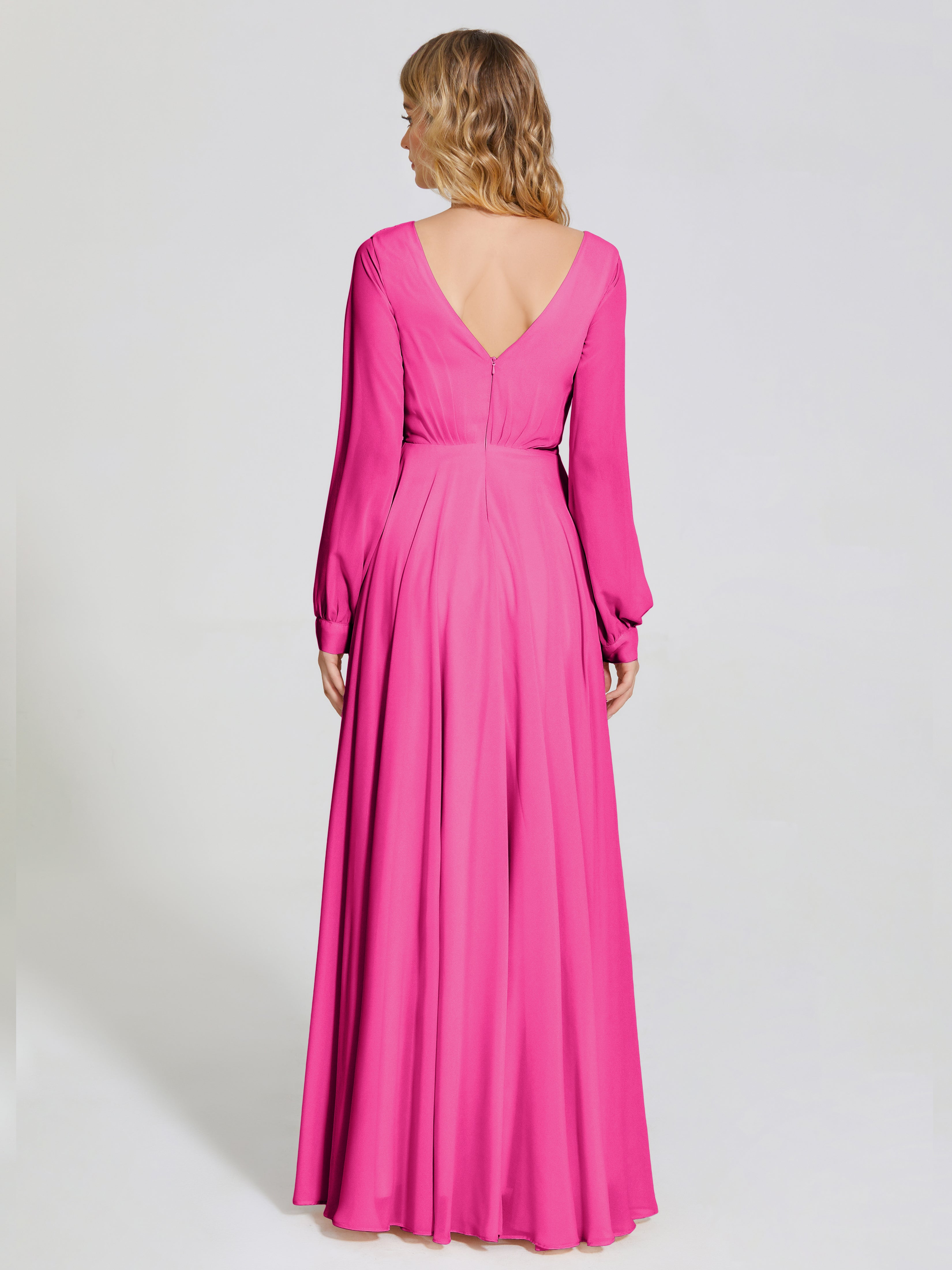 Robe Fuchsia Demoiselle D Honneur Trapèze Manches Longues Mousseline Robe De Demoiselle D'Honneur