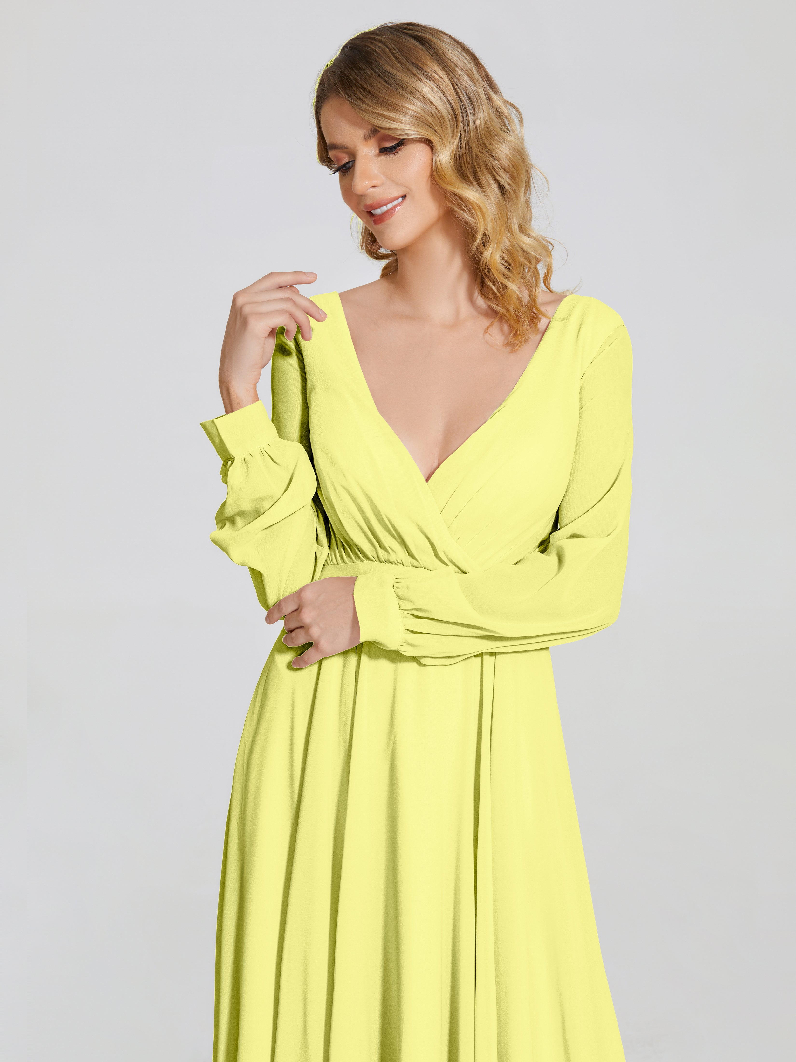 Robes De Demoiselle D'Honneur Jonquille Trapèze Manches Longues Mousseline Robe De Demoiselle D'Honneur