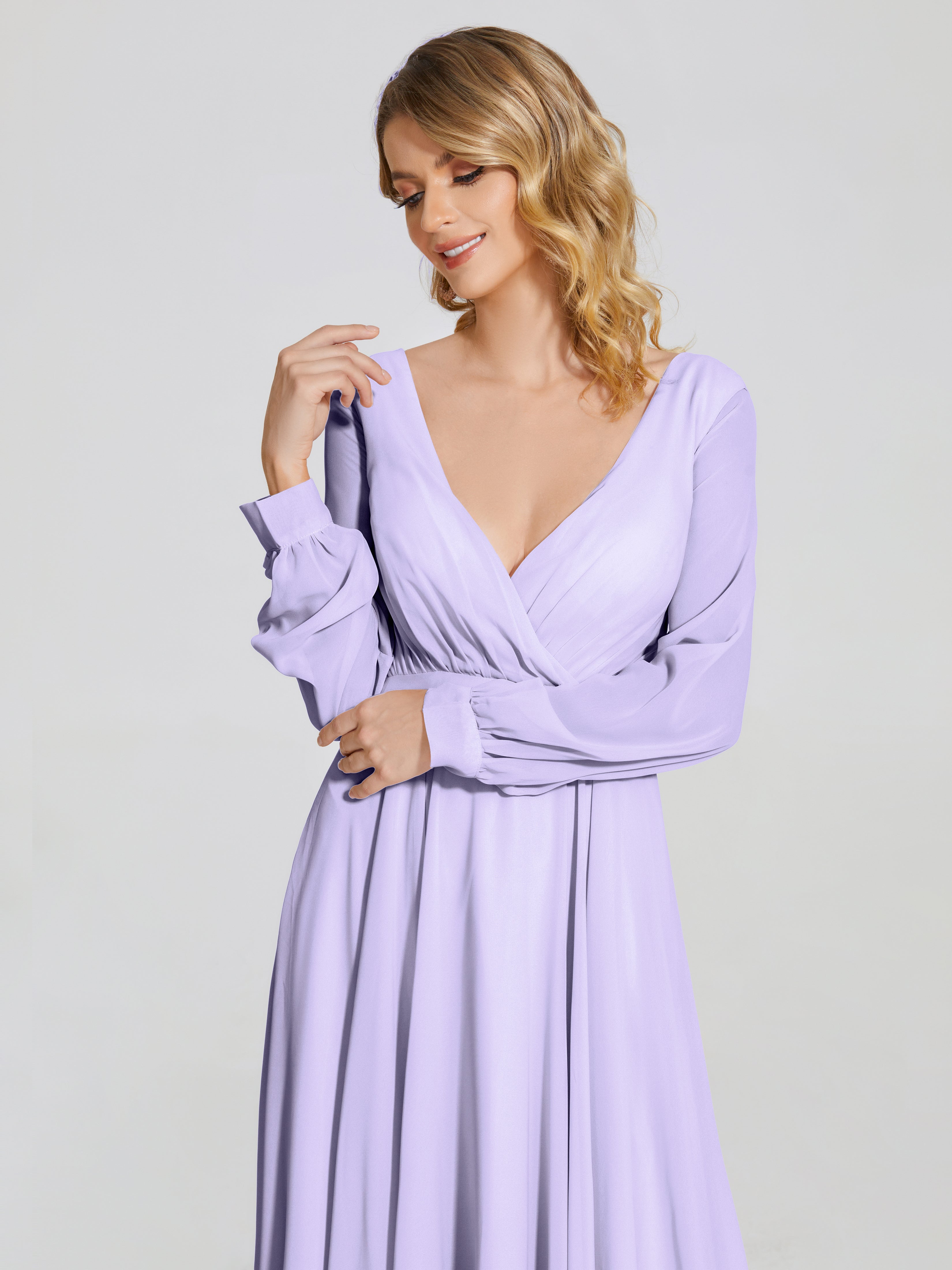 Robe De Demoiselle D Honneur Lilas Trapèze Manches Longues Mousseline Robe De Demoiselle D'Honneur