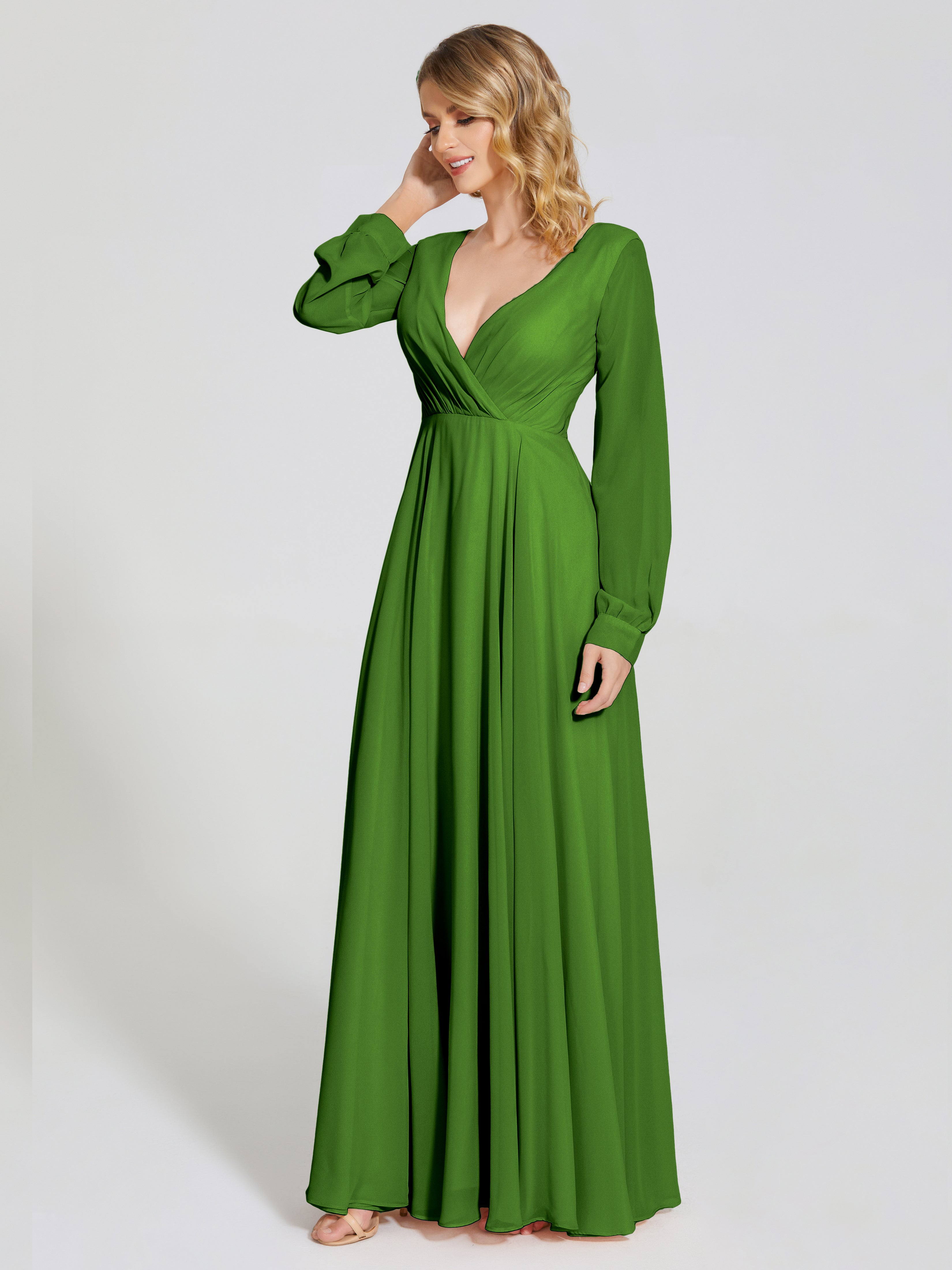 Robes De Demoiselle D'Honneur Vert Mousse Trapèze Manches Longues Mousseline Robe De Demoiselle D'Honneur