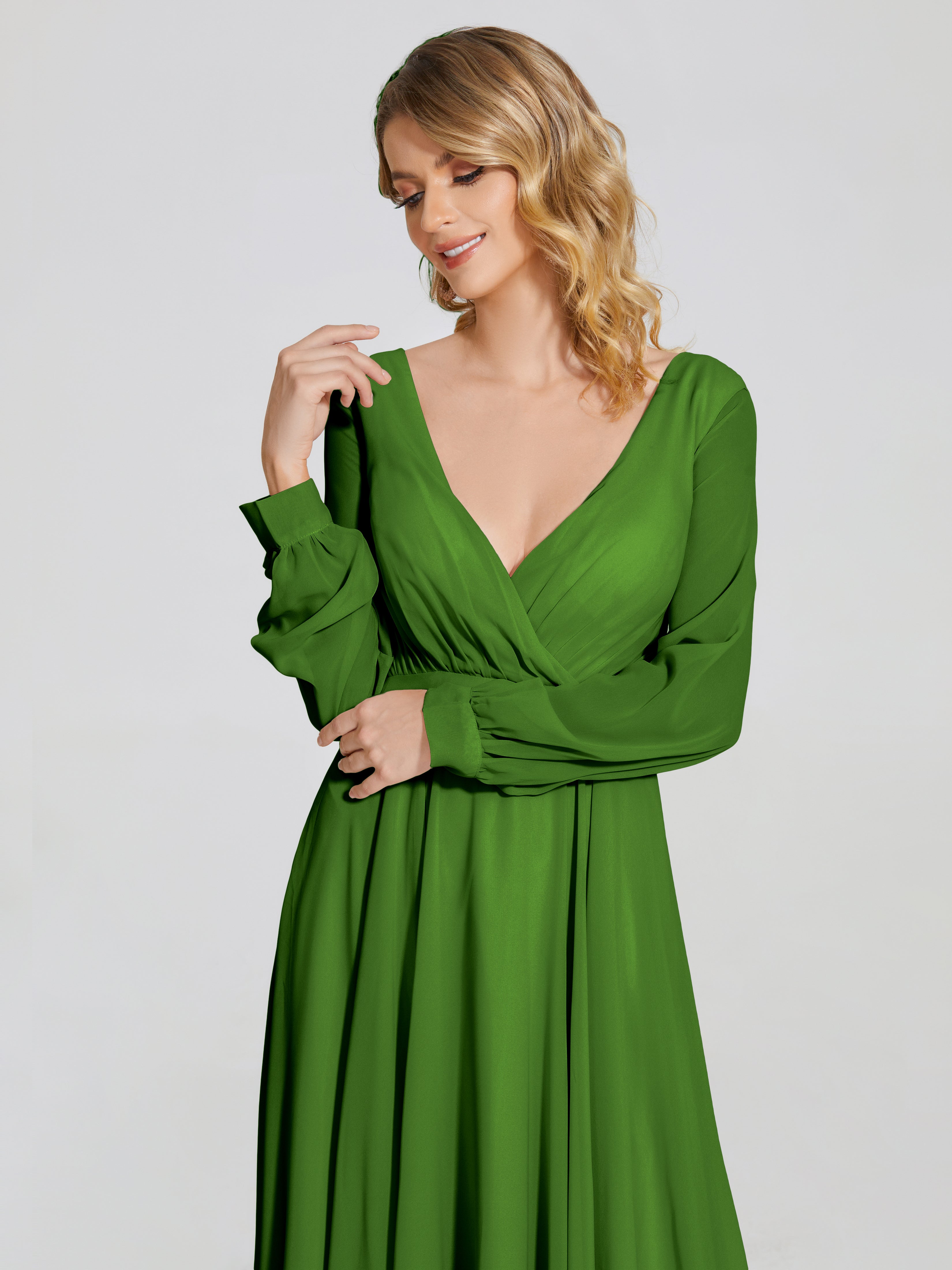 Robes De Demoiselle D'Honneur Vert Mousse Trapèze Manches Longues Mousseline Robe De Demoiselle D'Honneur