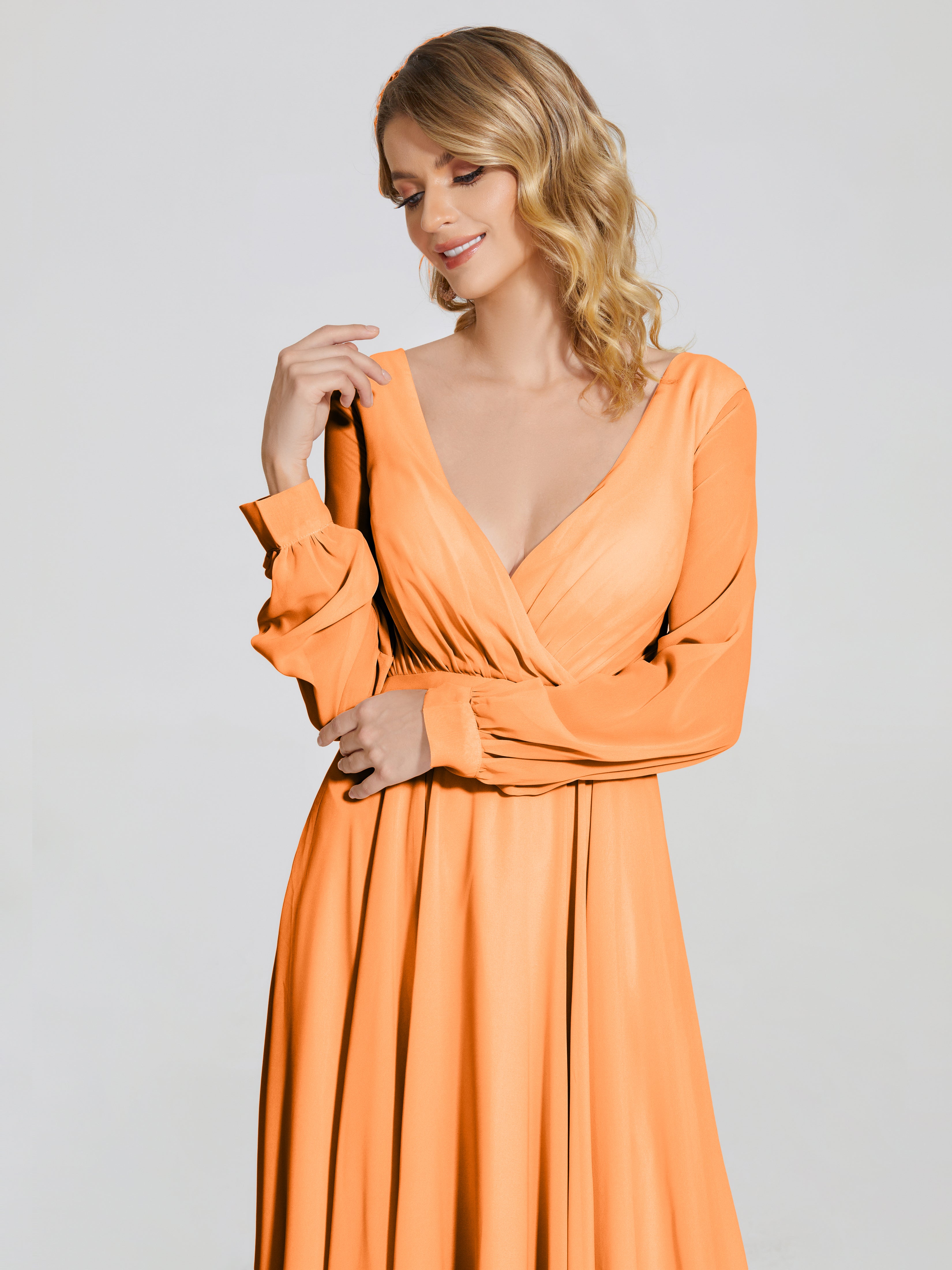 Robe Demoiselle D Honneur Orange Vif Trapèze Manches Longues Mousseline Robe De Demoiselle D'Honneur