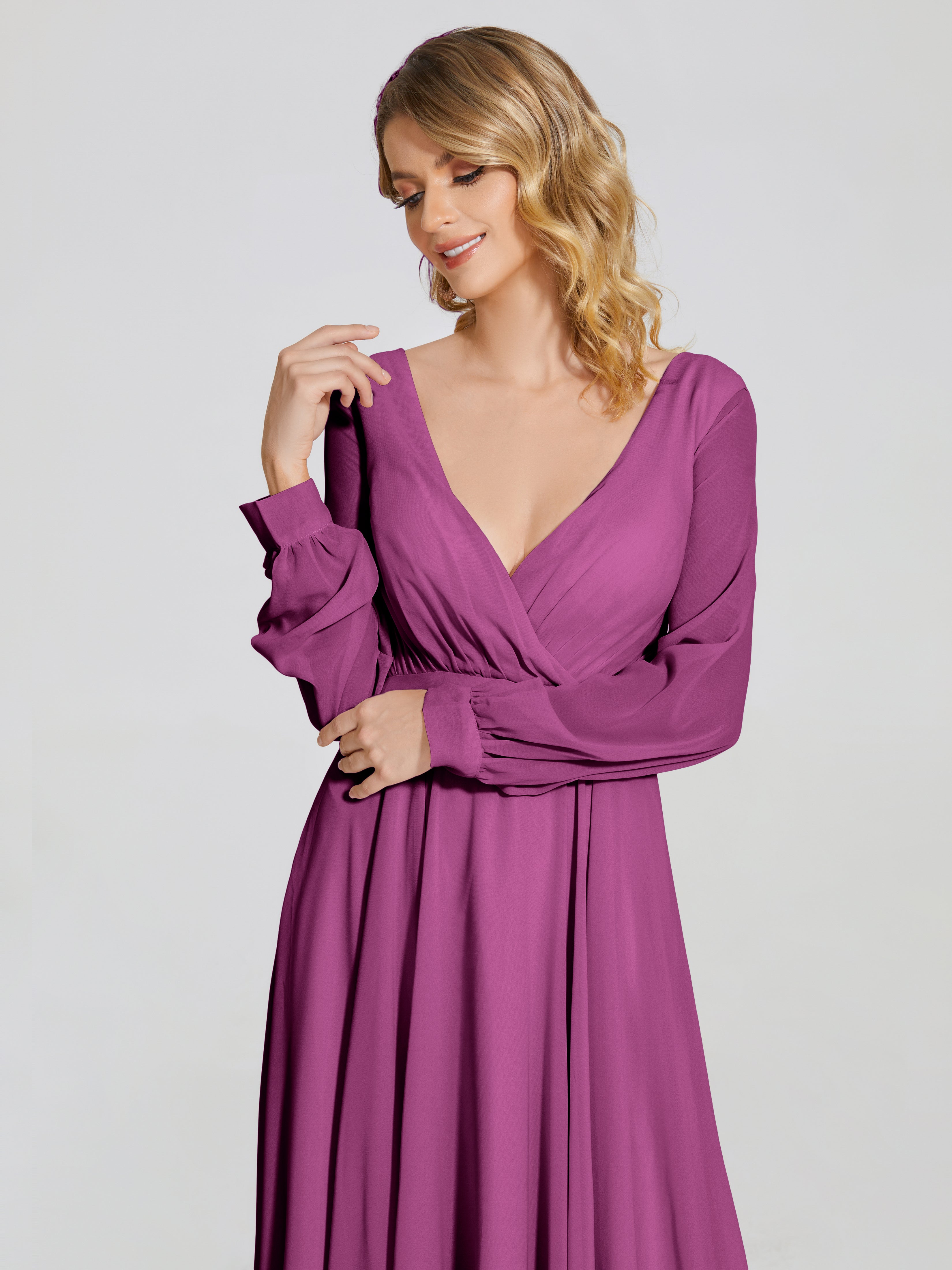 Robes De Demoiselle D'Honneur Orchidée Trapèze Manches Longues Mousseline Robe De Demoiselle D'Honneur