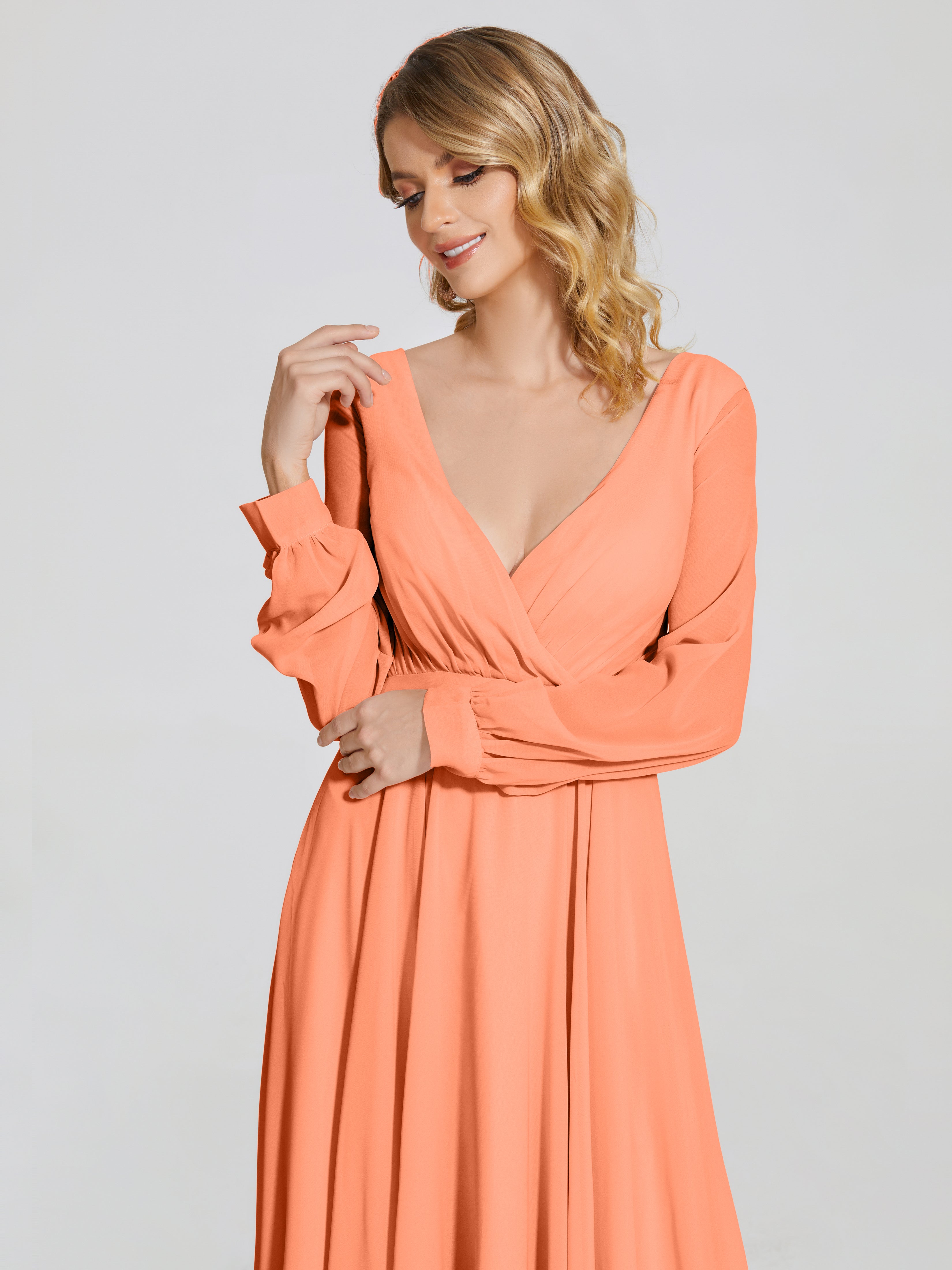 Robes De Demoiselle D'Honneur Papaye Trapèze Manches Longues Mousseline Robe De Demoiselle D'Honneur