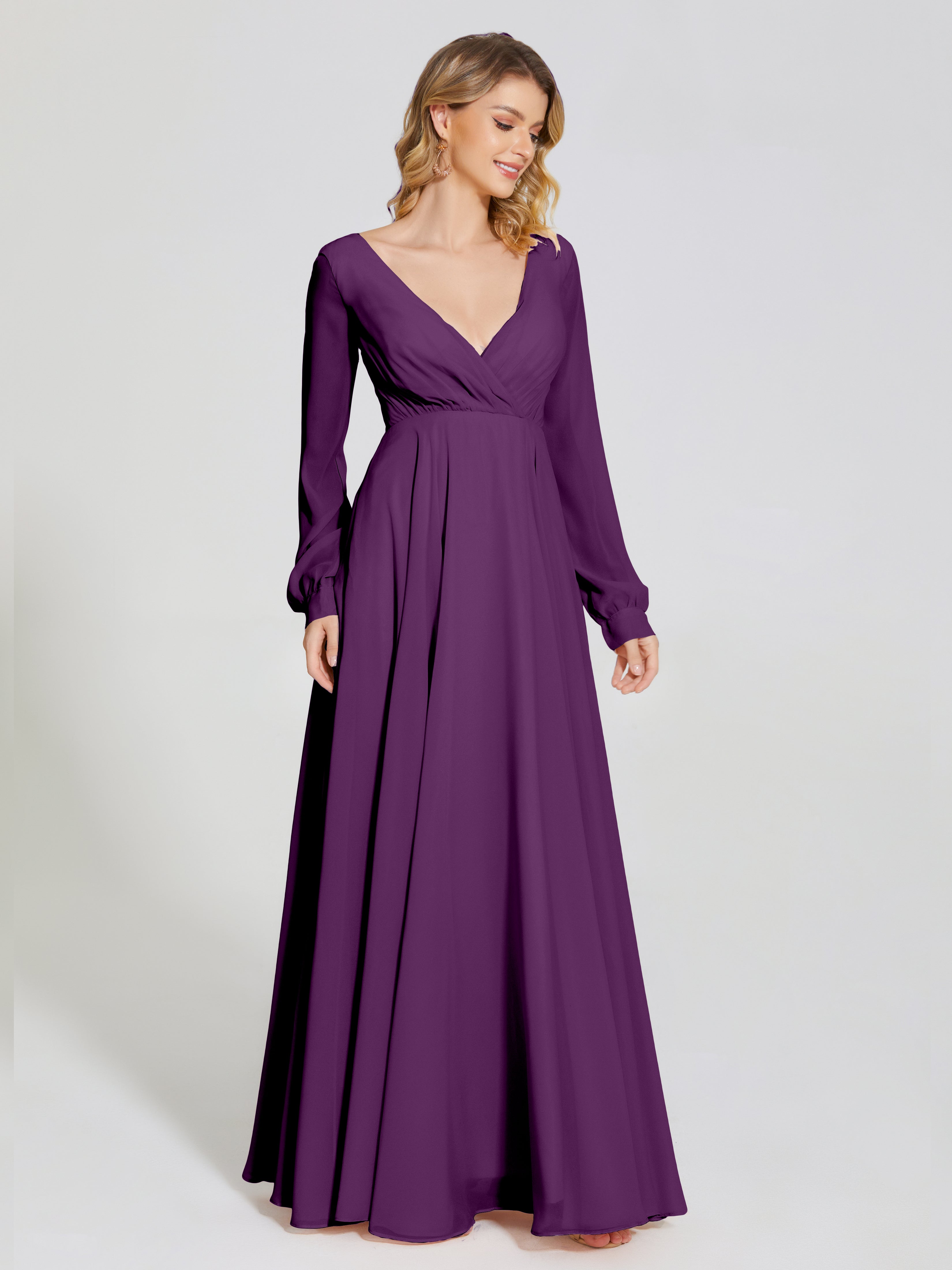 Robes De Demoiselle D'Honneur En Raisin Trapèze Manches Longues Mousseline Robe De Demoiselle D'Honneur