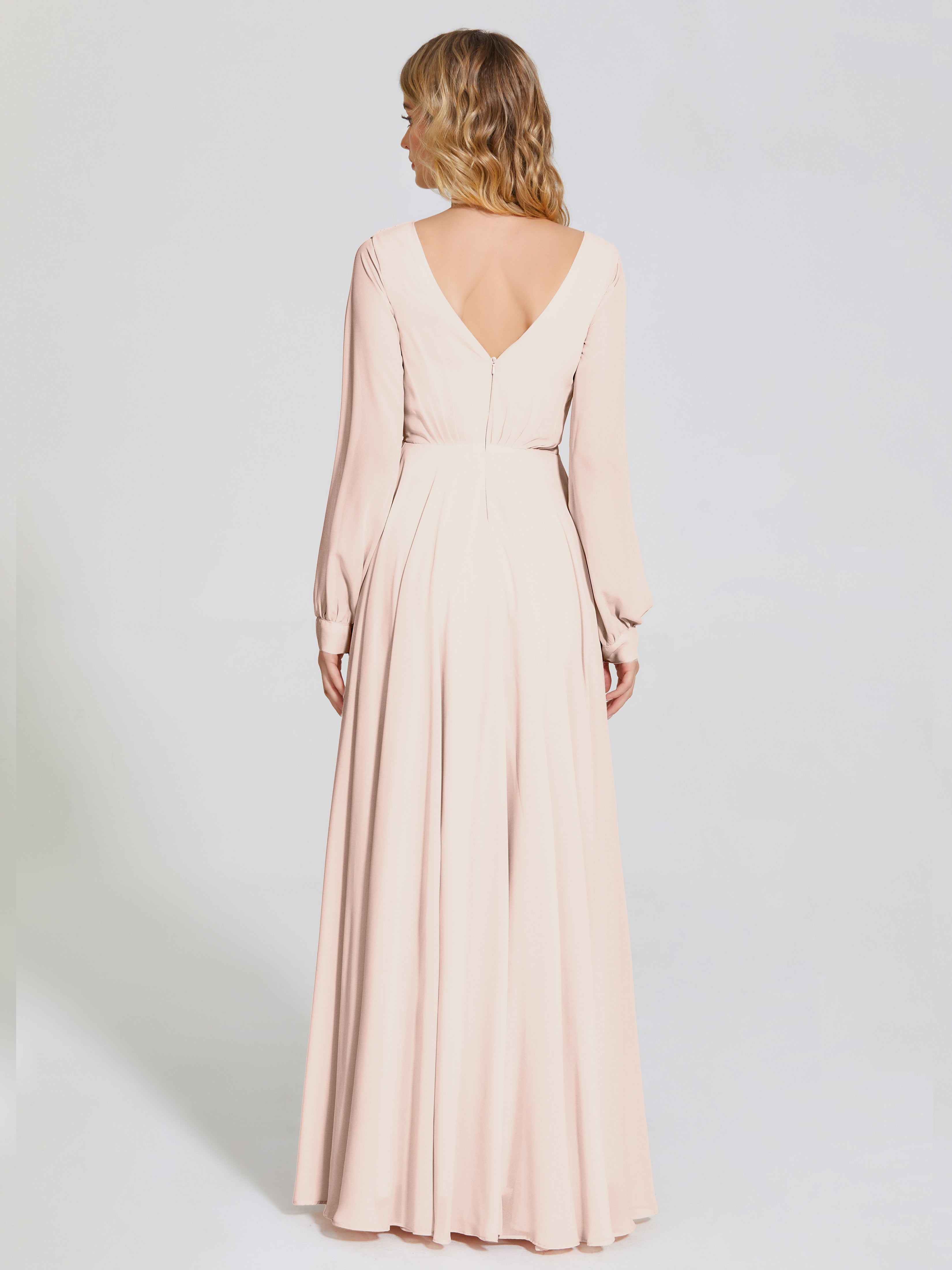 Robe De Demoiselle D'Honneur En Perles Trapèze Manches Longues Mousseline Robe De Demoiselle D'Honneur