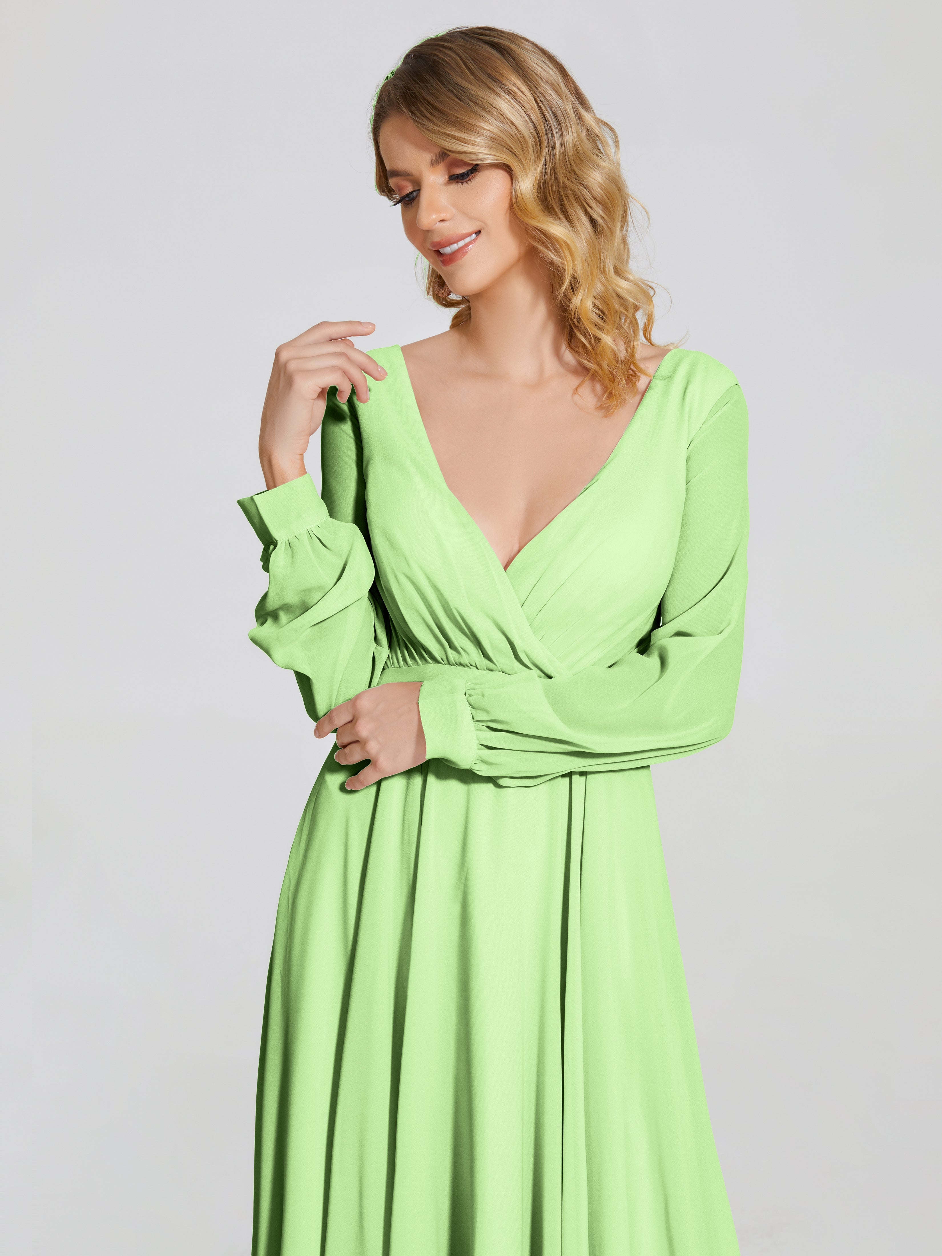 Robe Demoiselle D Honneur Verte Sauge Trapèze Manches Longues Mousseline Robe De Demoiselle D'Honneur