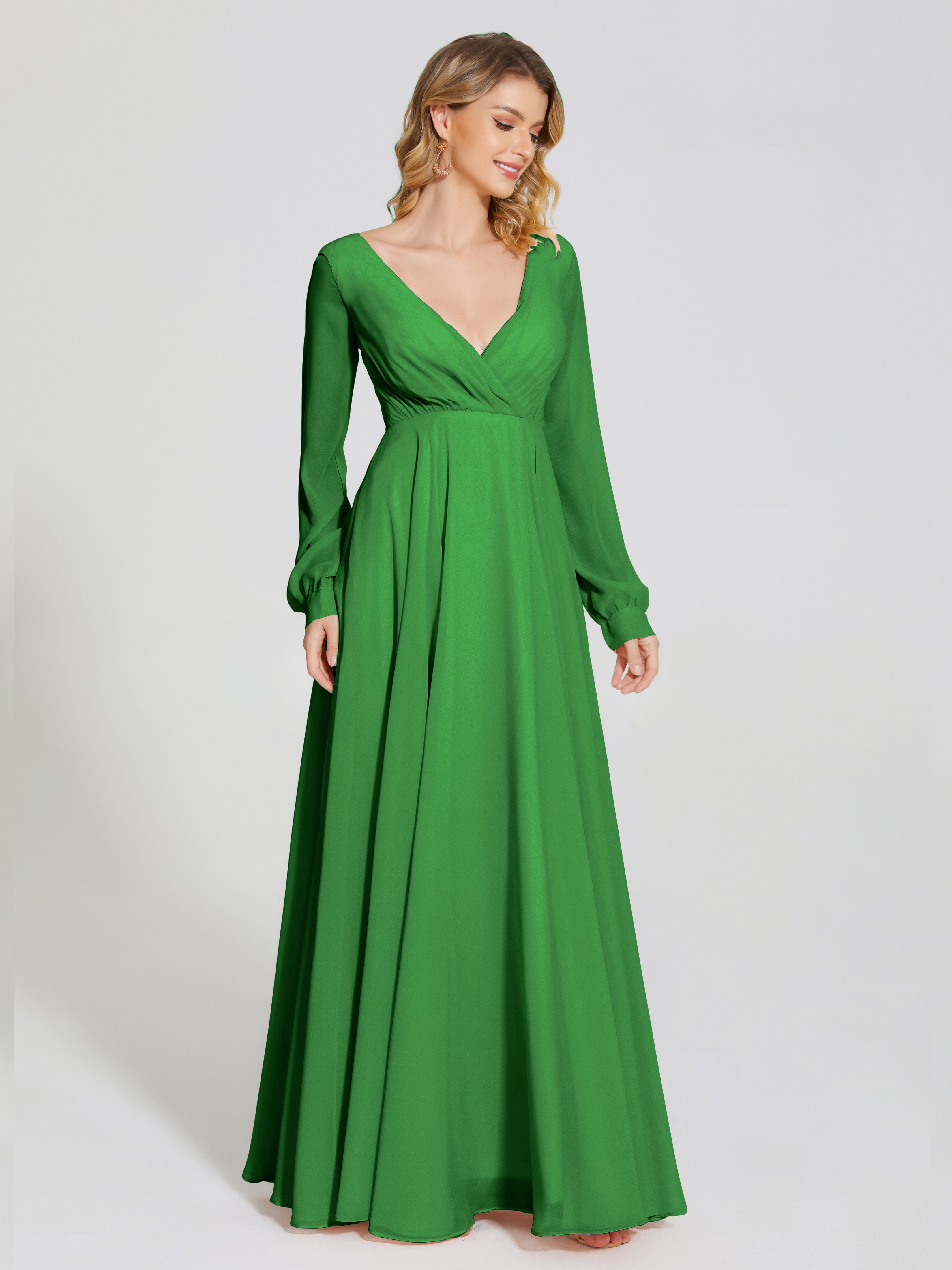 Robes De Demoiselle D'Honneur Vert Forêt Trapèze Manches Longues Mousseline Robe De Demoiselle D'Honneur