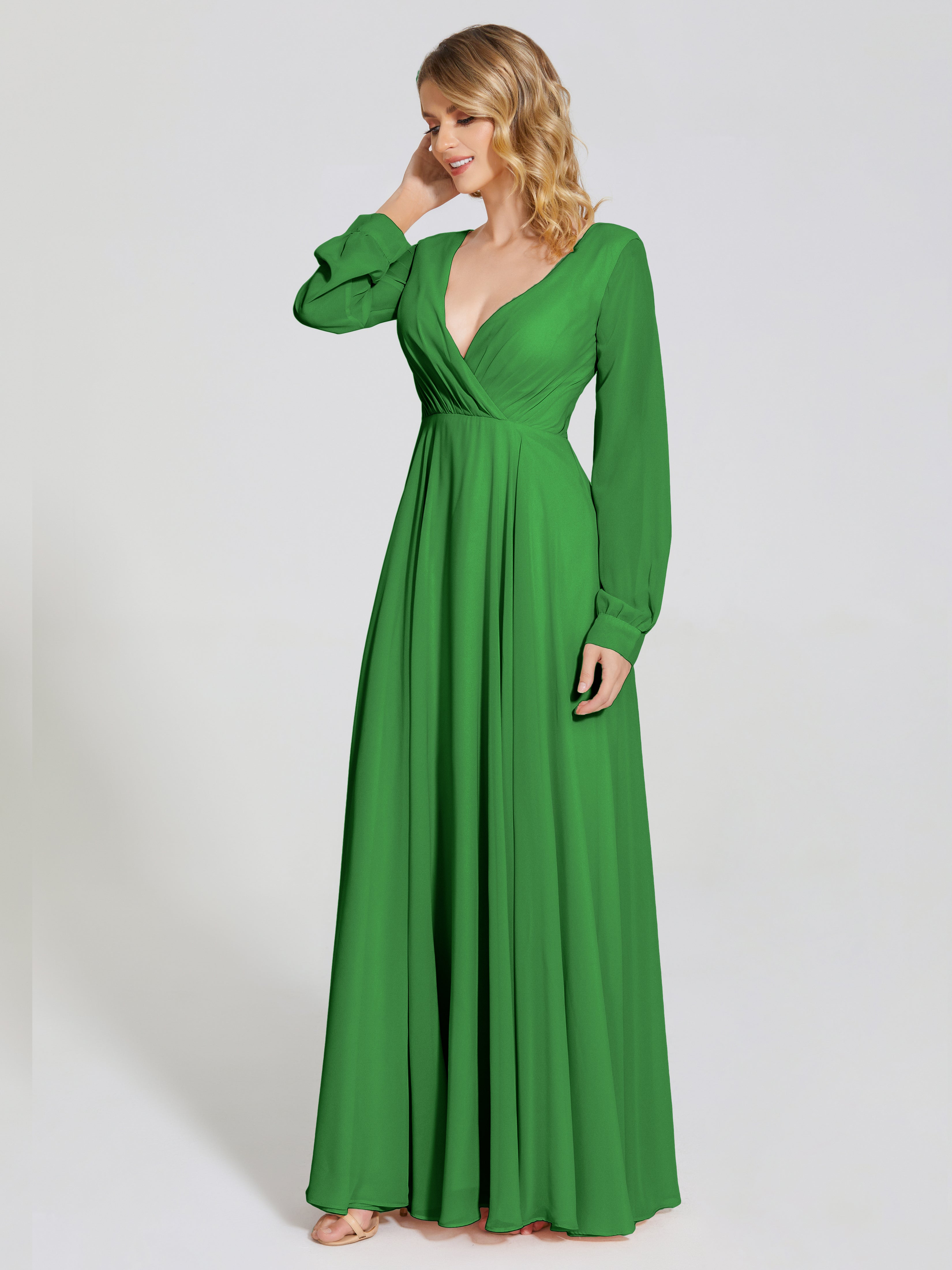 Robes De Demoiselle D'Honneur Vert Forêt Trapèze Manches Longues Mousseline Robe De Demoiselle D'Honneur