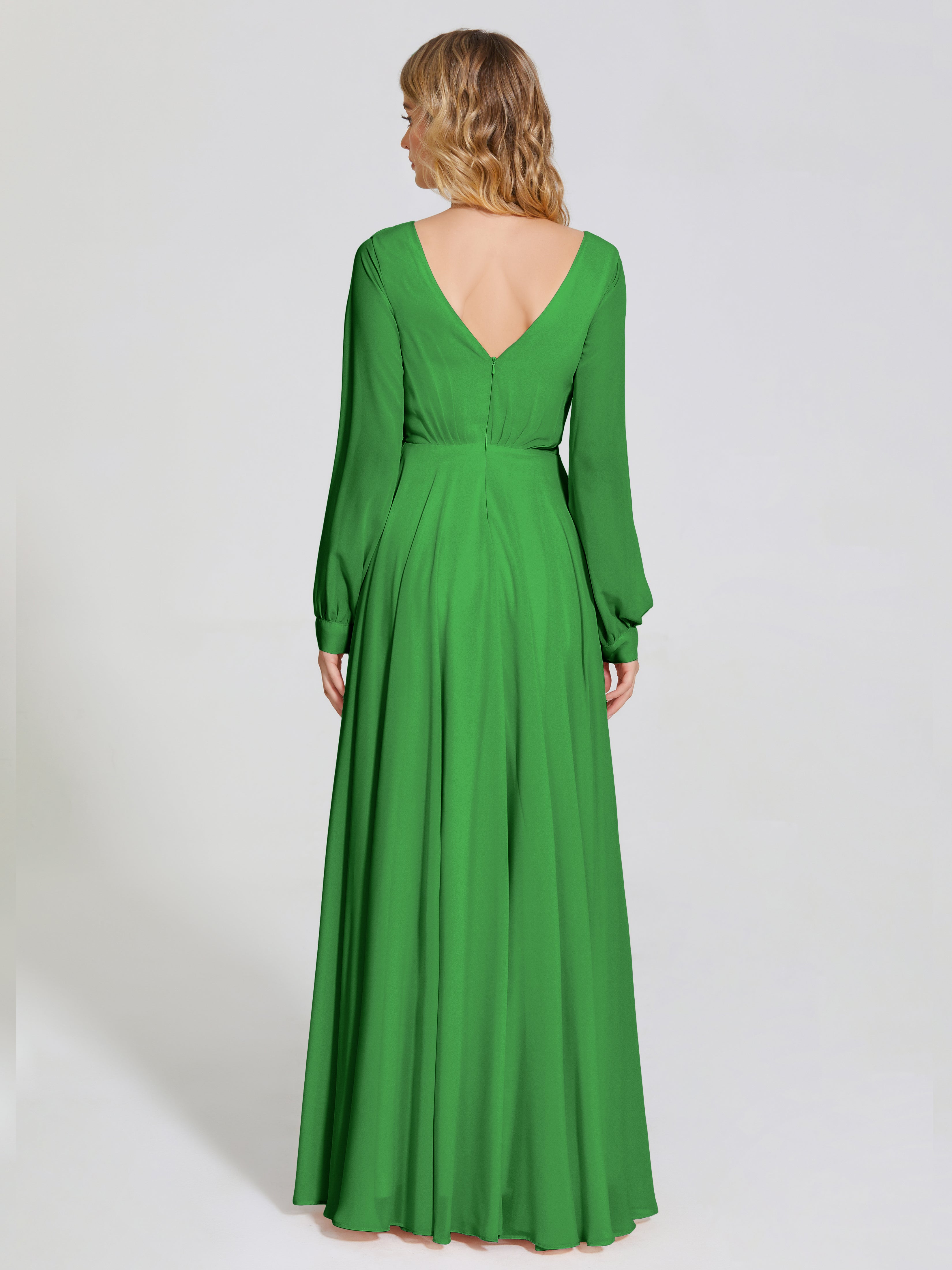 Robes De Demoiselle D'Honneur Vert Forêt Trapèze Manches Longues Mousseline Robe De Demoiselle D'Honneur