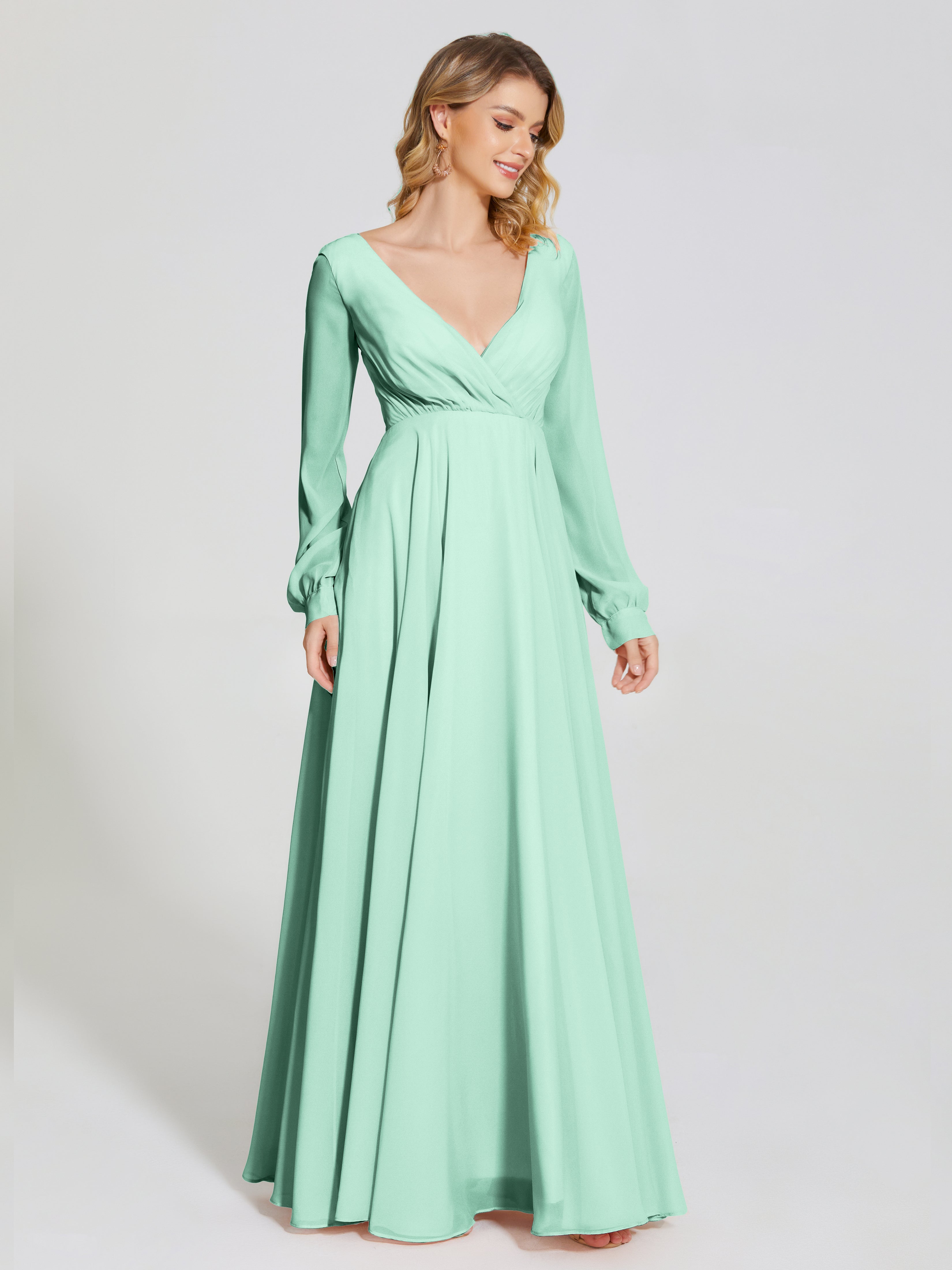 Robe Vert Menthe Demoiselle D Honneur Trapèze Manches Longues Mousseline Robe De Demoiselle D'Honneur