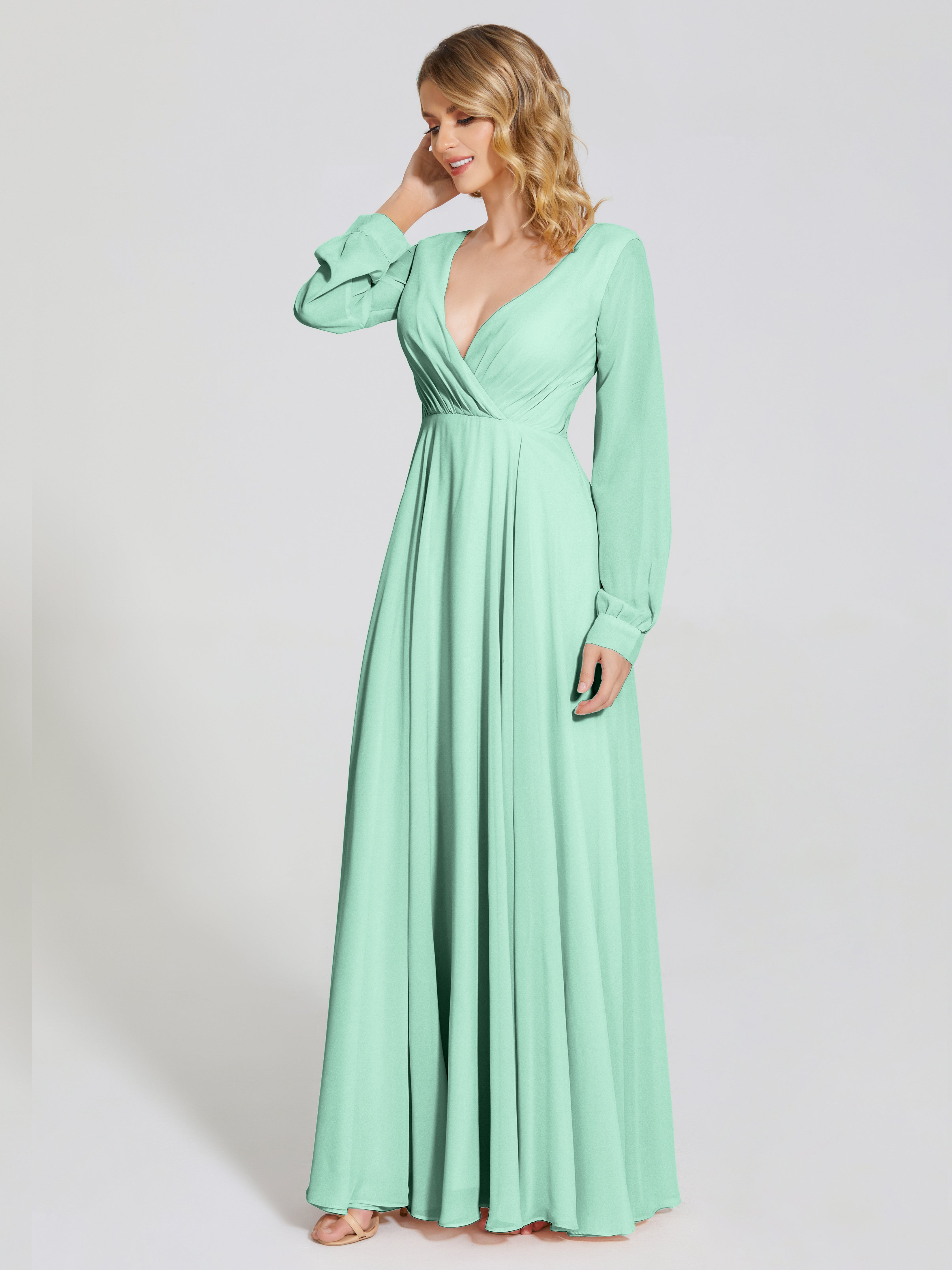 Robe Vert Menthe Demoiselle D Honneur Trapèze Manches Longues Mousseline Robe De Demoiselle D'Honneur