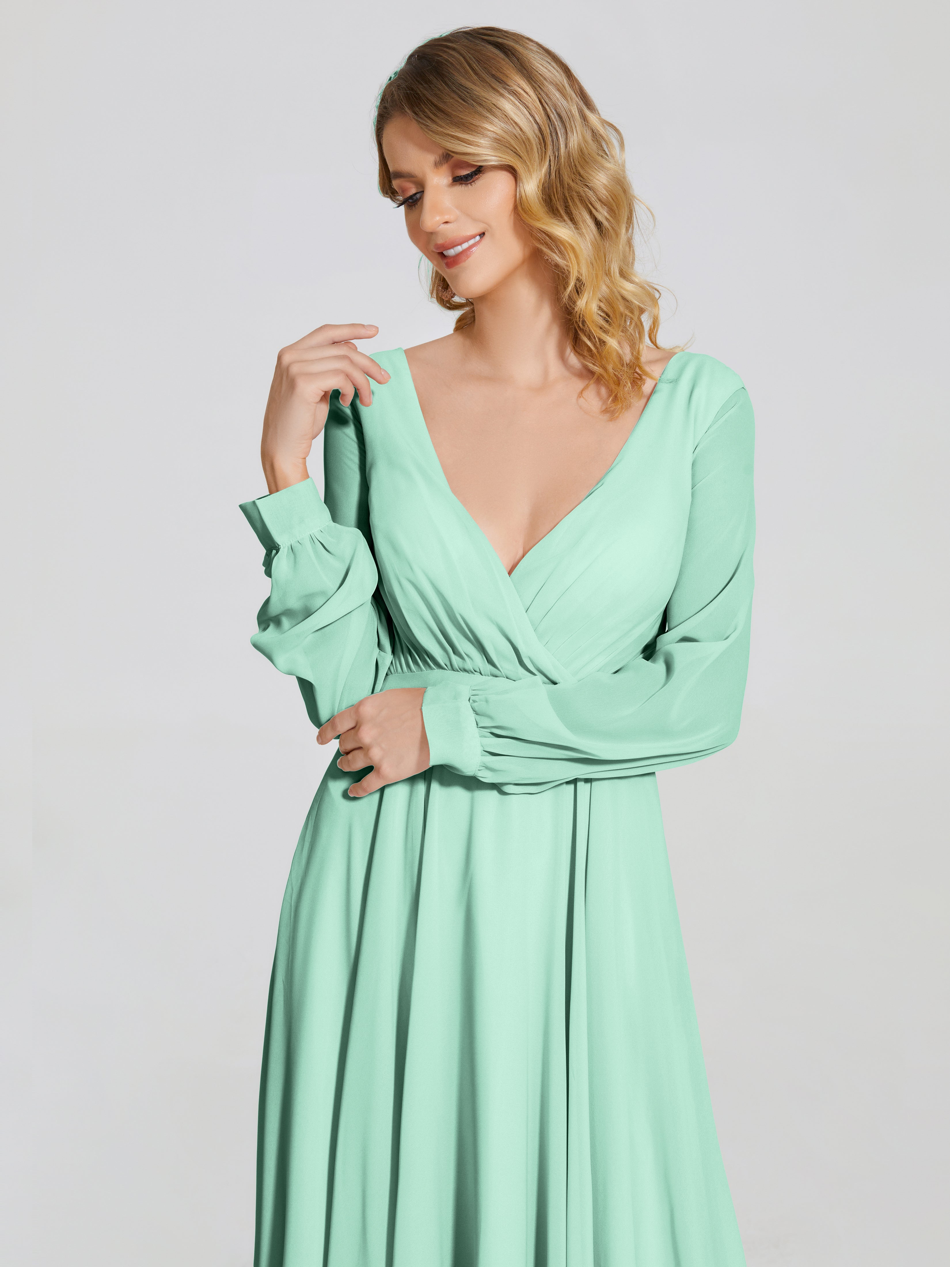 Robe Vert Menthe Demoiselle D Honneur Trapèze Manches Longues Mousseline Robe De Demoiselle D'Honneur