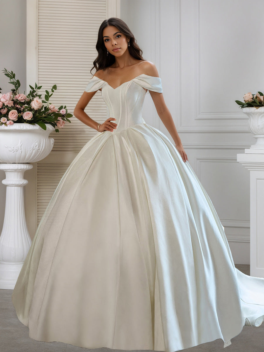 Cicinia Ivoire Robe de Mariée Longue A-Line en Satin Épaules Dénudées Décolleté en V Féerique