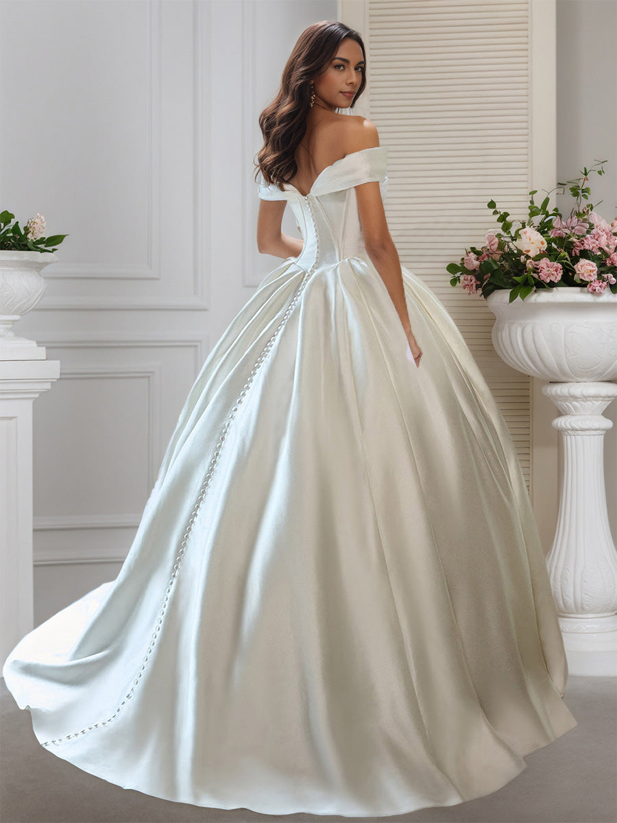 Cicinia Ivoire Robe de Mariée Longue A-Line en Satin Épaules Dénudées Décolleté en V Féerique