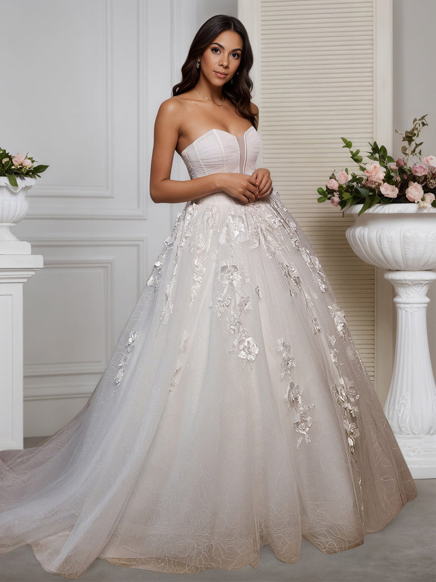 Cicinia Robe de Mariée A-Line en Tulle sans Bretelles Appliqués Lacé Dos Magnifique